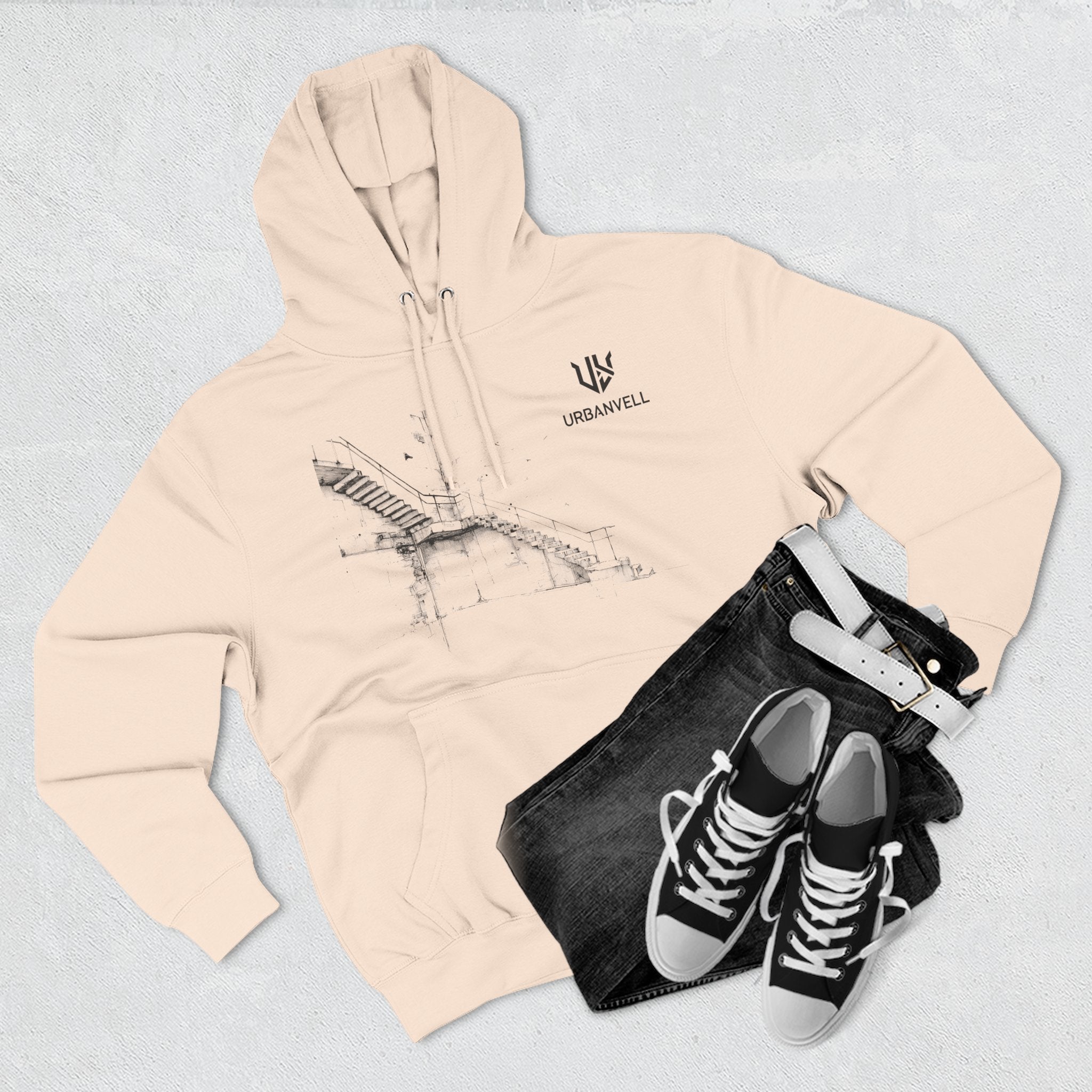 Industrial Staircase Sketch Hoodie — URBANVELL Minimal Architectural Pullover