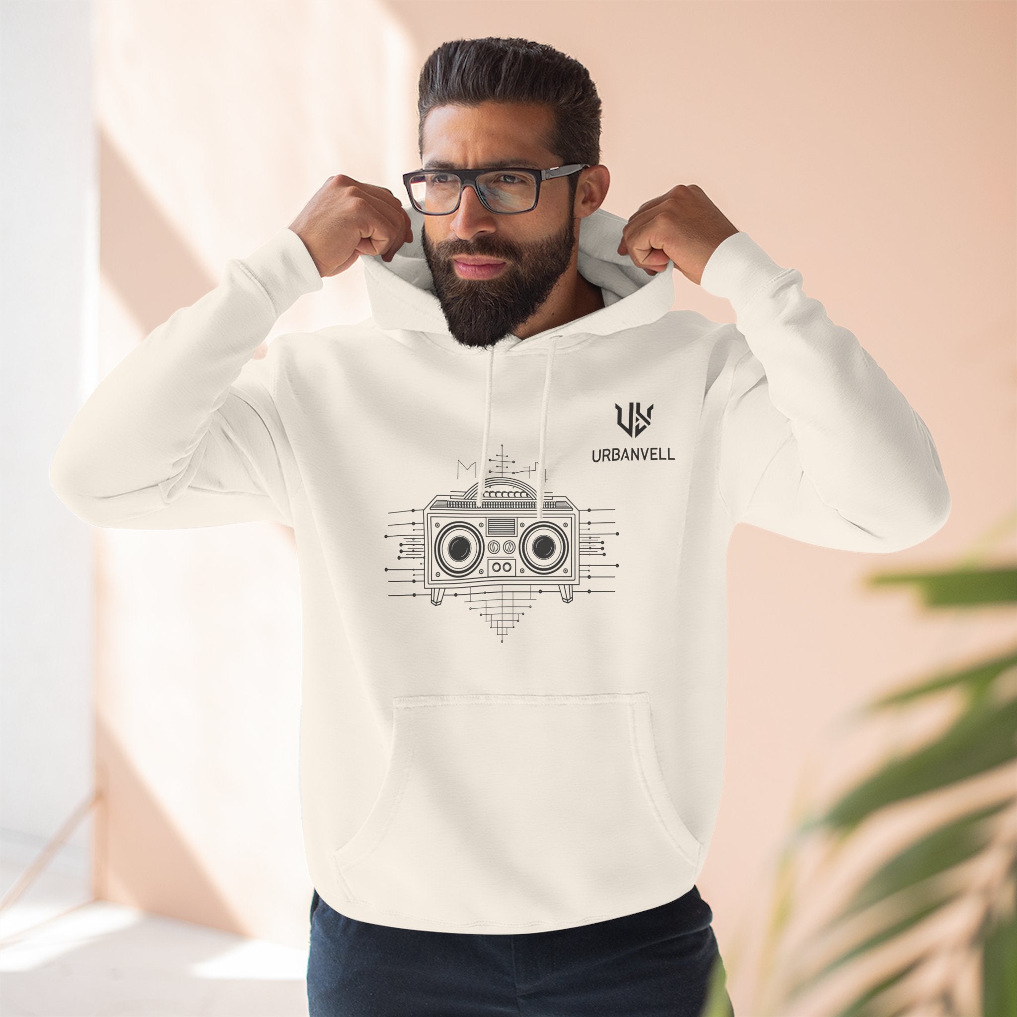 Boombox Graphic Hoodie — URBANVELL Minimalist Retro Cassette Stereo Sweatshirt