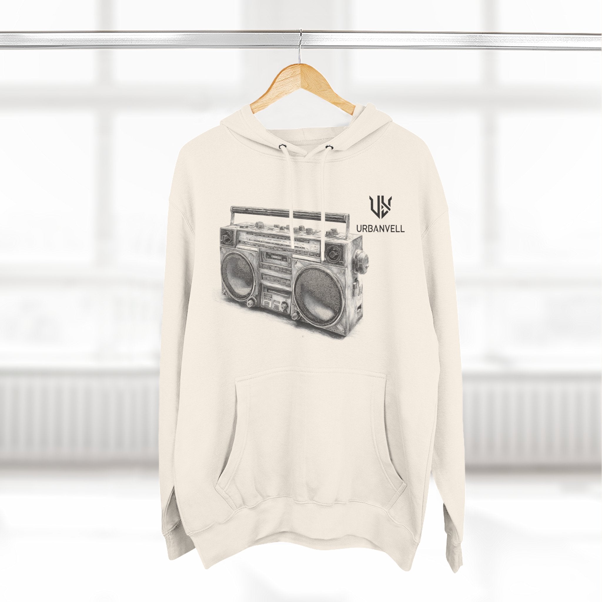 Boombox Sketch Hoodie — URBANVELL Retro Urban Music Fleece Pullover