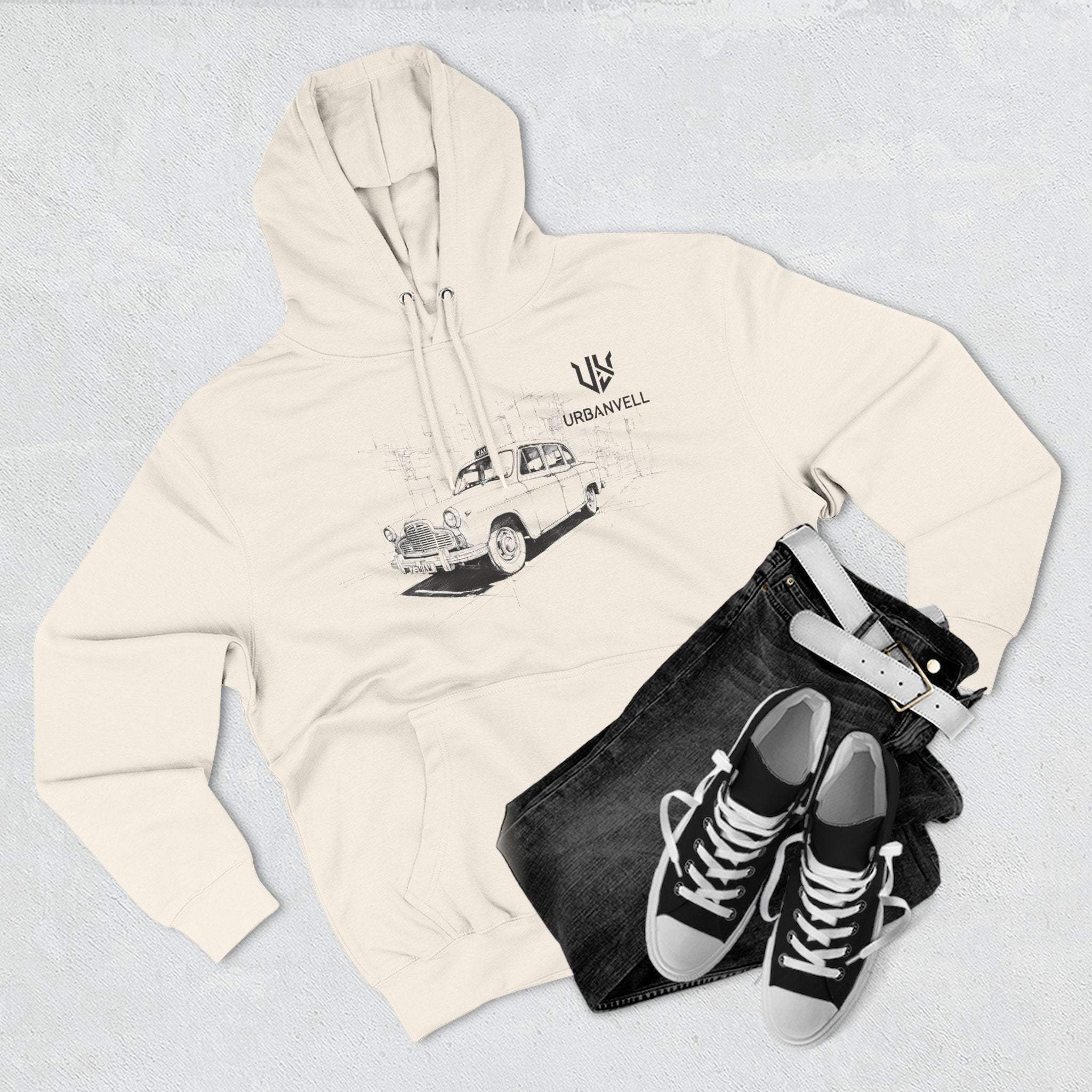 Old City Cab Illustration Hoodie — URBANVELL Classic Convertible Graphic Hoodie