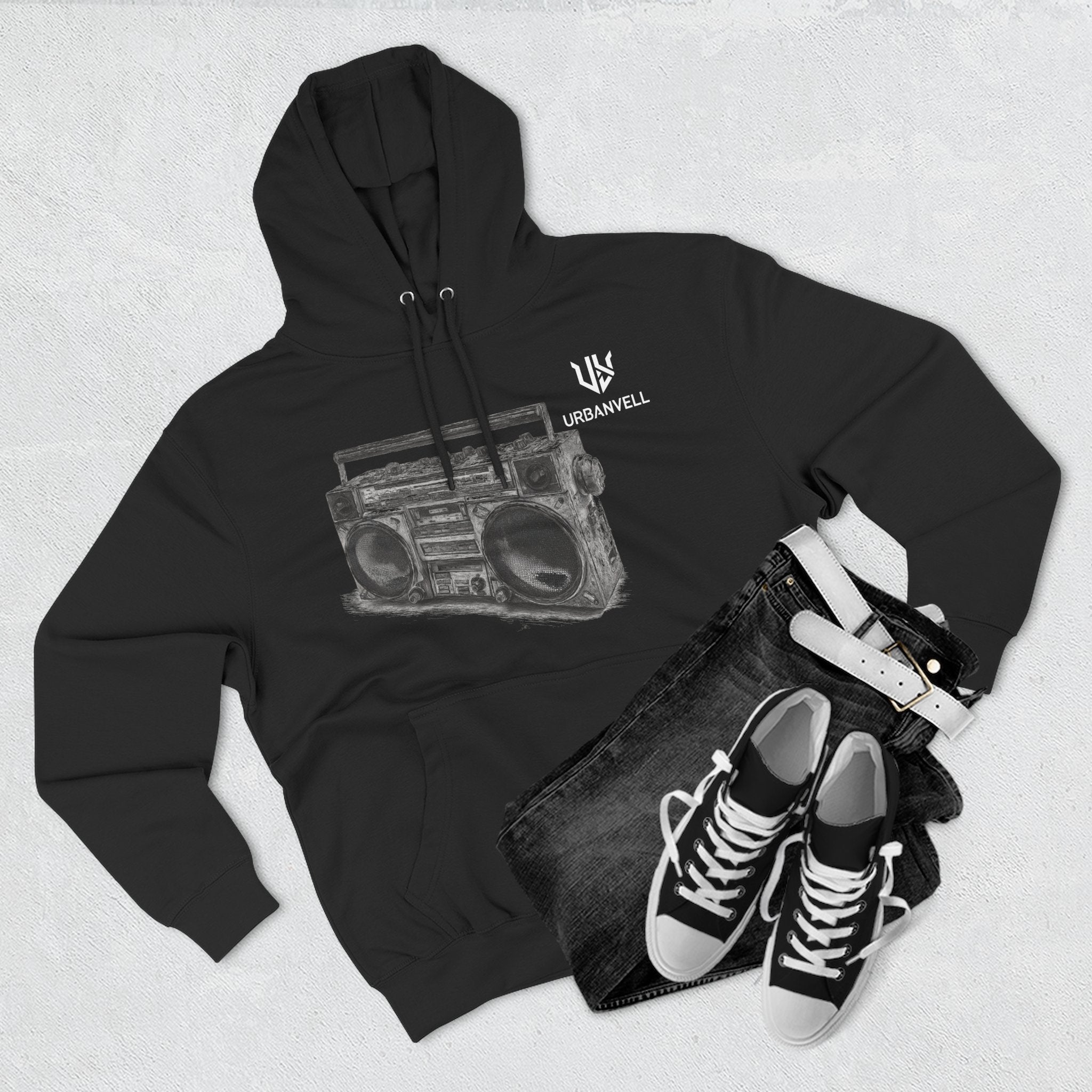 Boombox Sketch Hoodie — URBANVELL Retro Urban Music Fleece Pullover