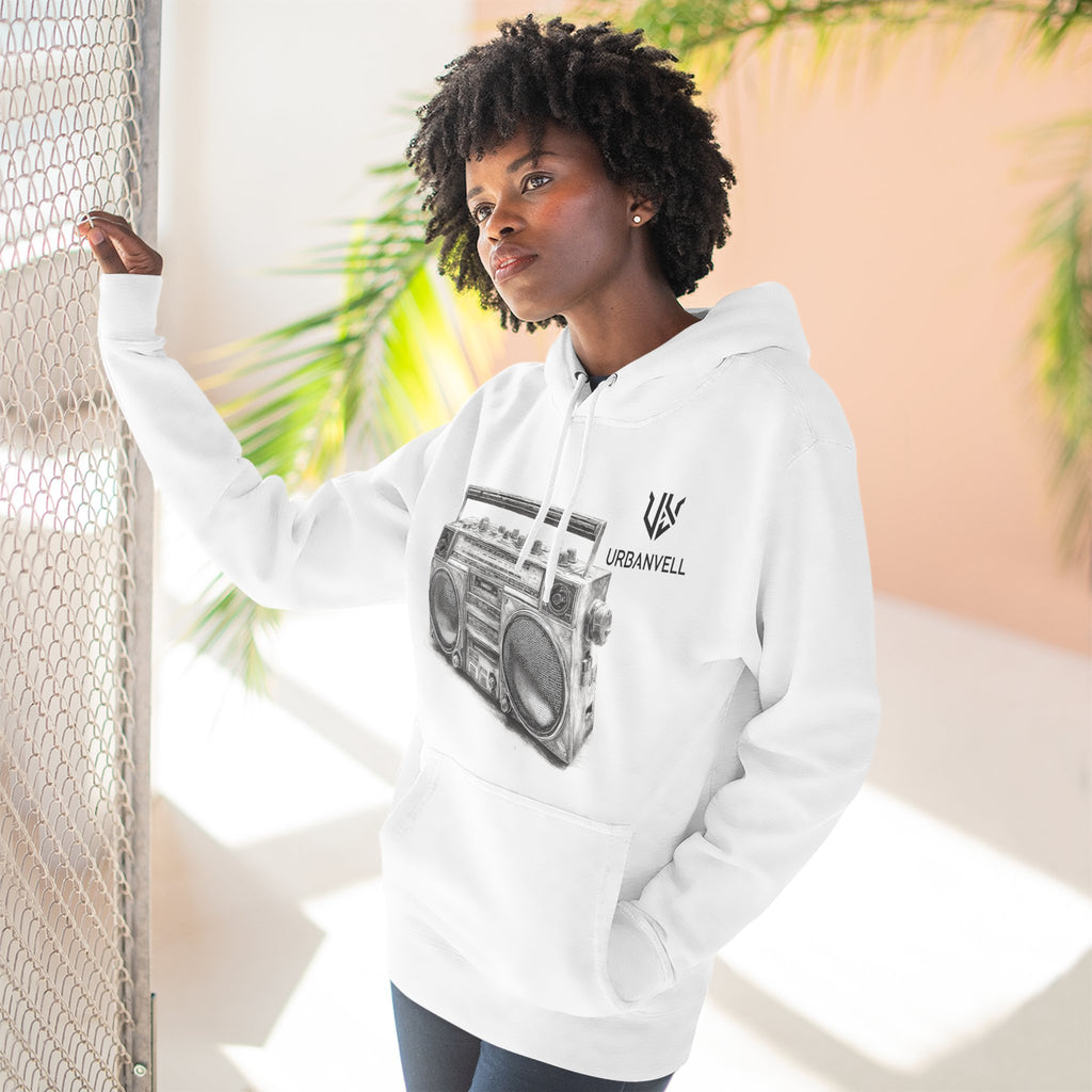 Boombox Sketch Hoodie — URBANVELL Retro Urban Music Fleece Pullover