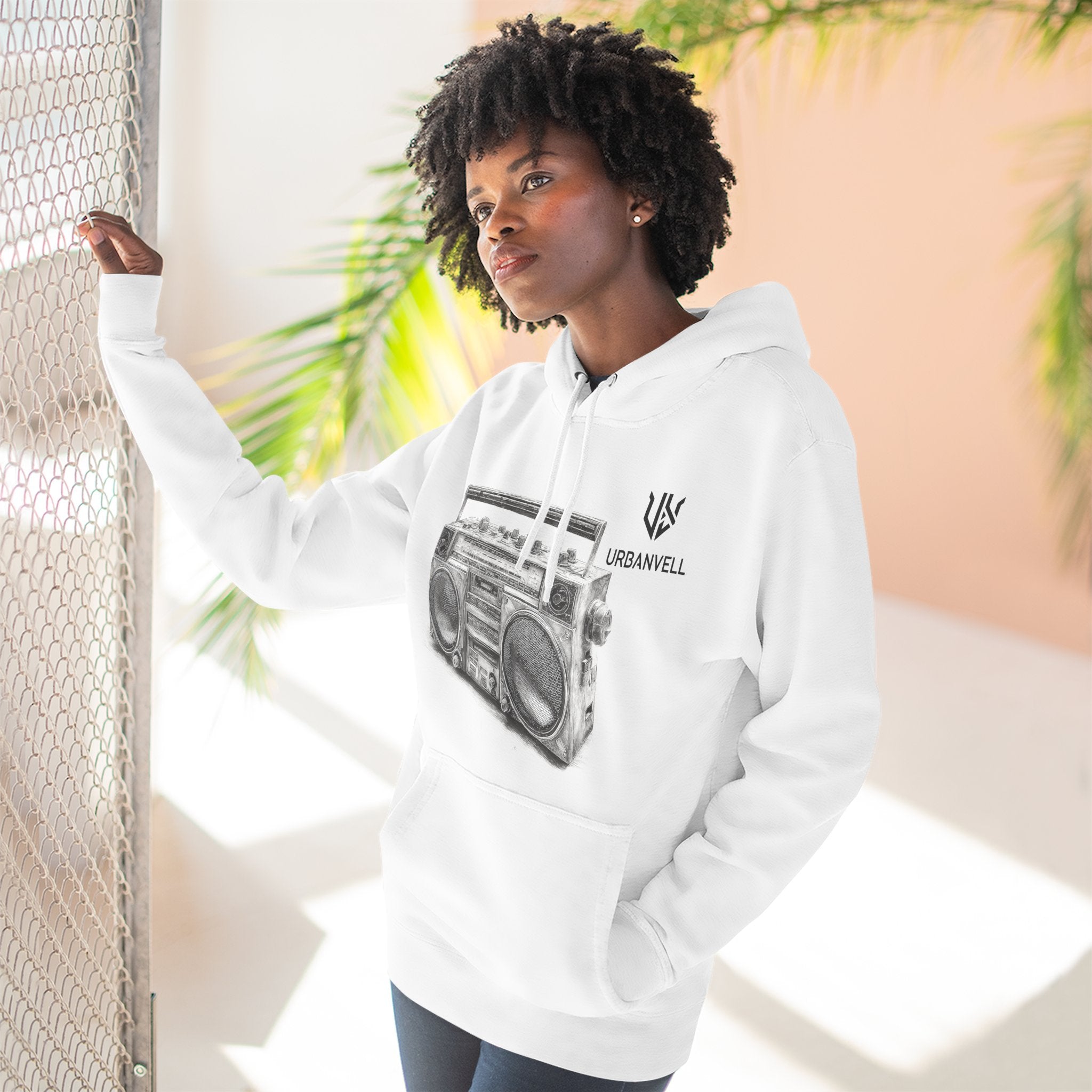 Boombox Sketch Hoodie — URBANVELL Retro Urban Music Fleece Pullover