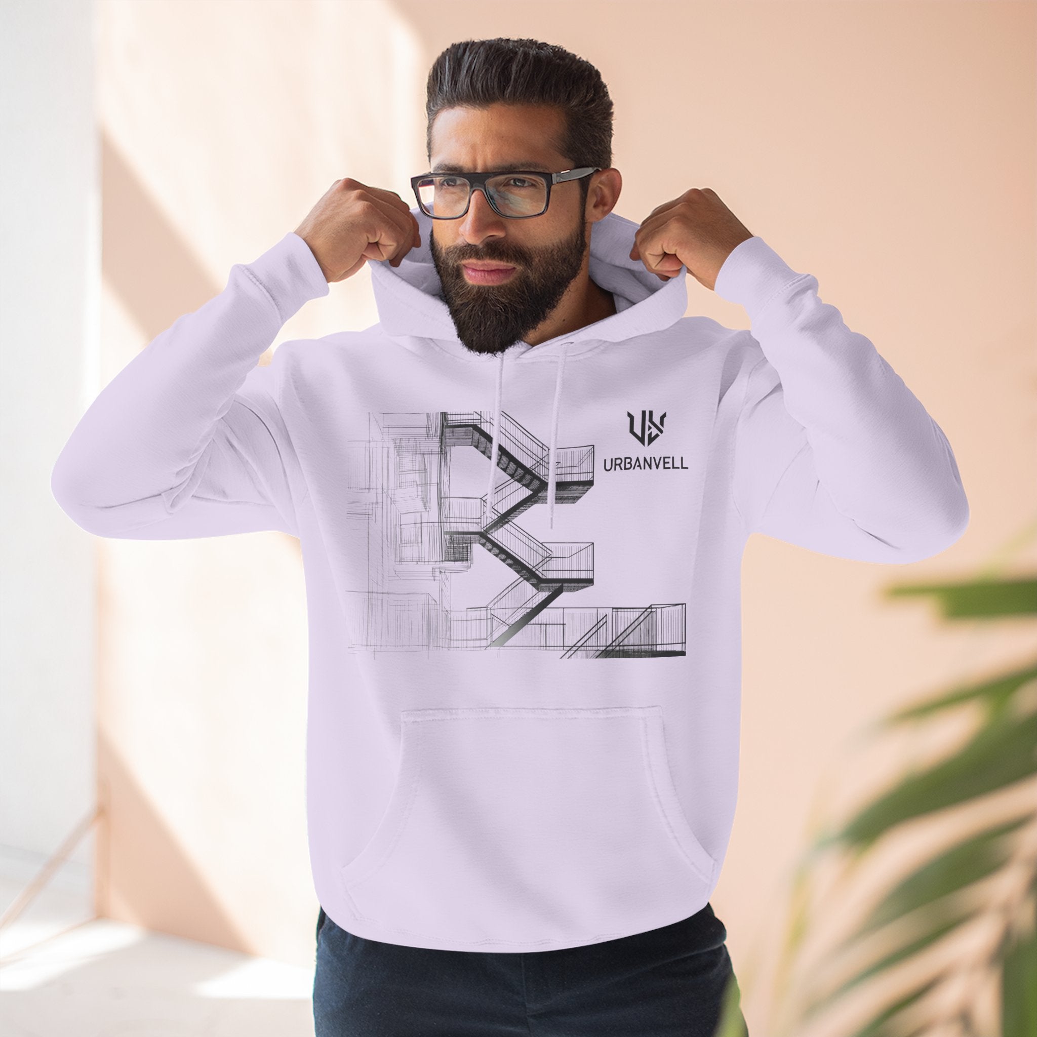 Architectural Fire Escape Stairs Sketch Hoodie — URBANVELL Three-Panel Fleece Pullover