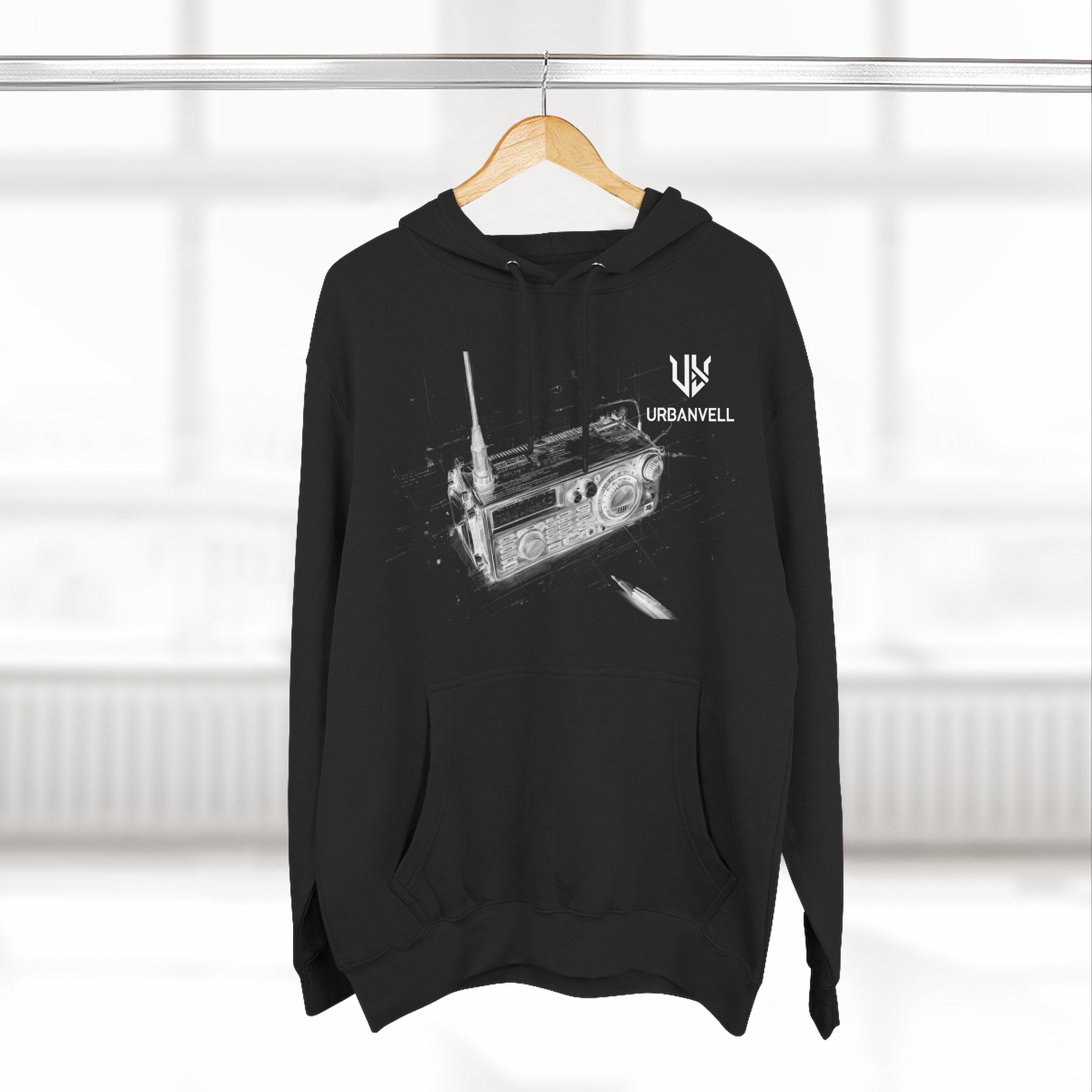 Walkie-Talkie Radio Sketch Hoodie — URBANVELL Minimal Urban Radio Graphic Fleece Pullover