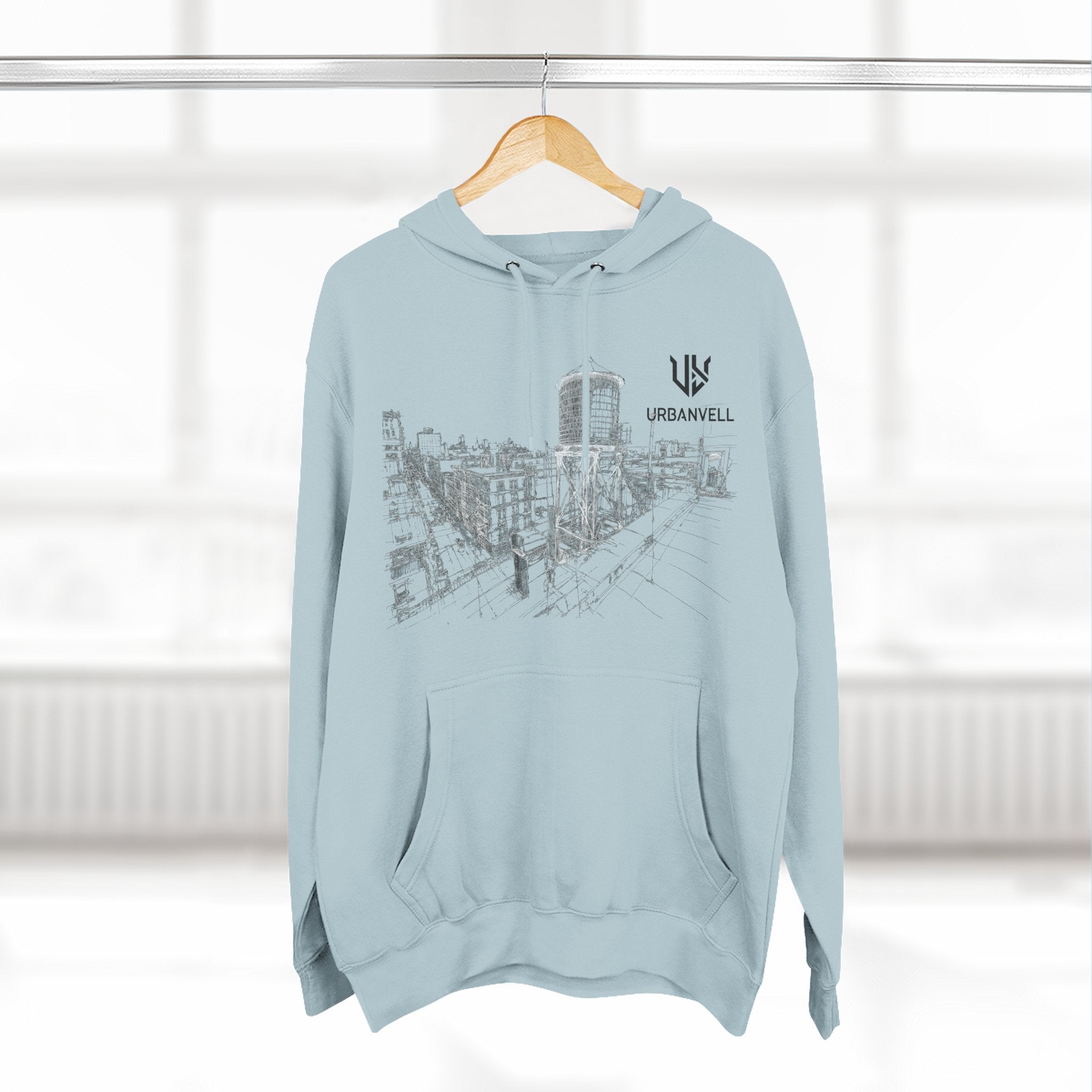 Water Tower Sketch Hoodie — URBANVELL Skyline Graphic Fleece Hoodie