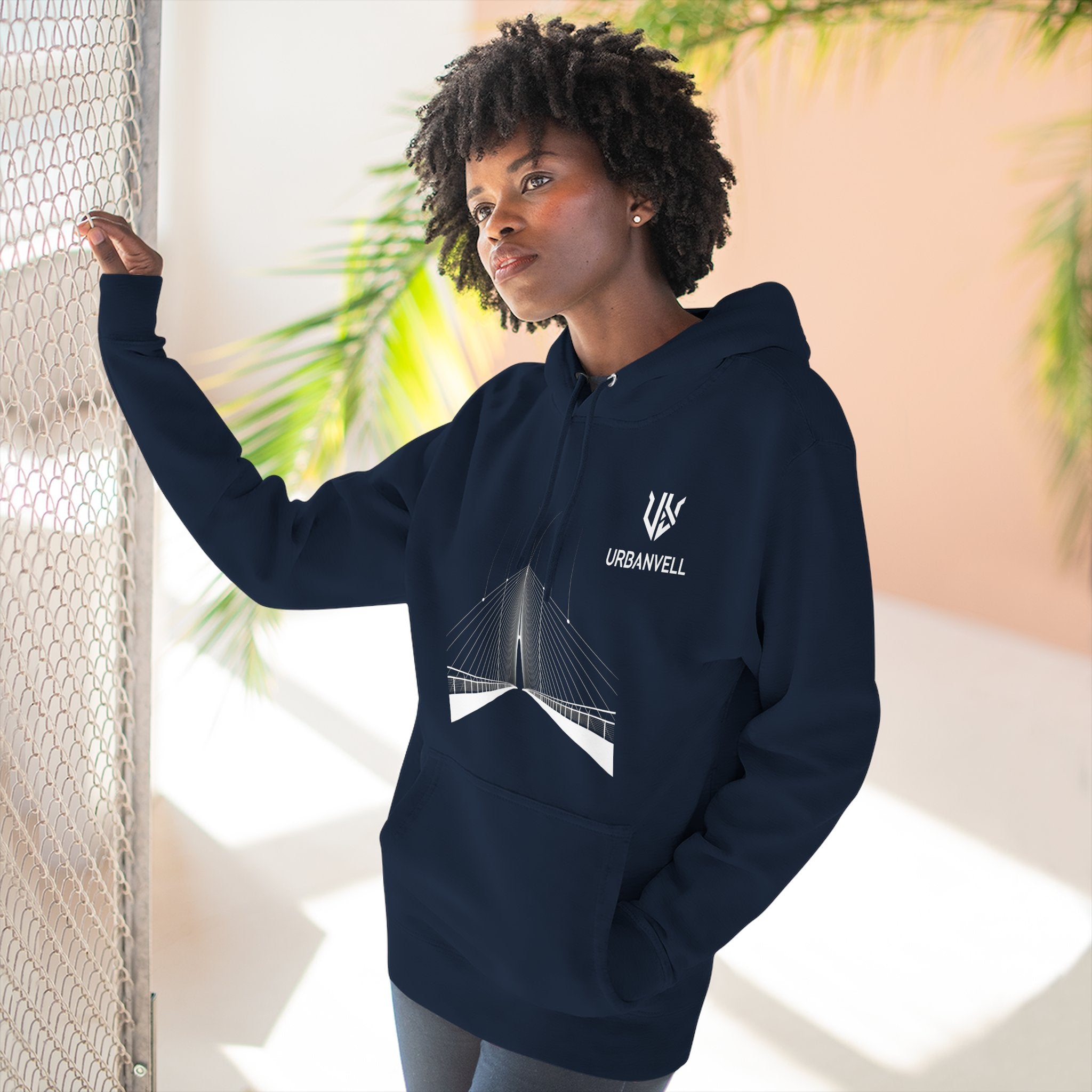 Minimalist Bridge Graphic Hoodie — URBANVELL Three-Panel Fleece Hoodie