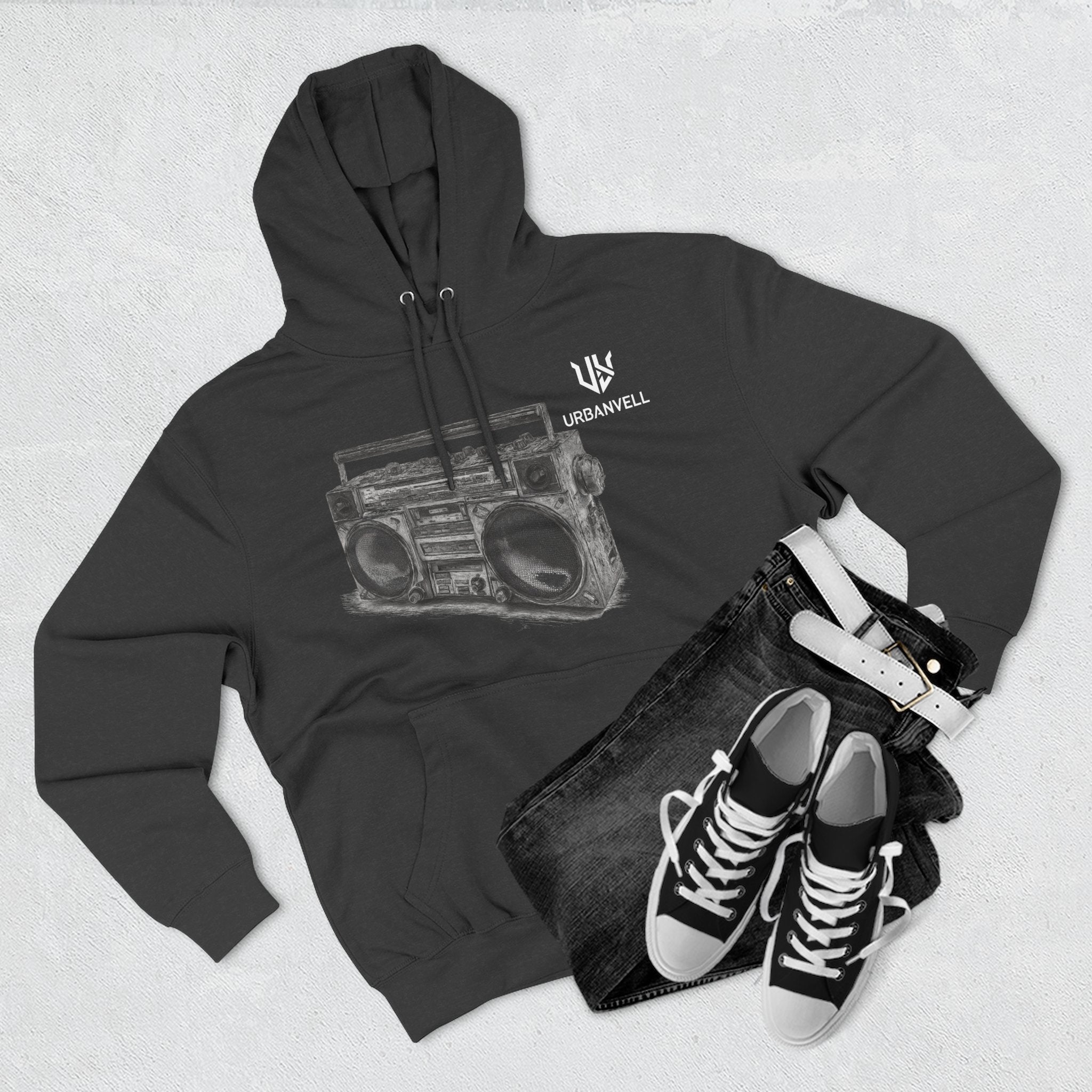 Boombox Sketch Hoodie — URBANVELL Retro Urban Music Fleece Pullover