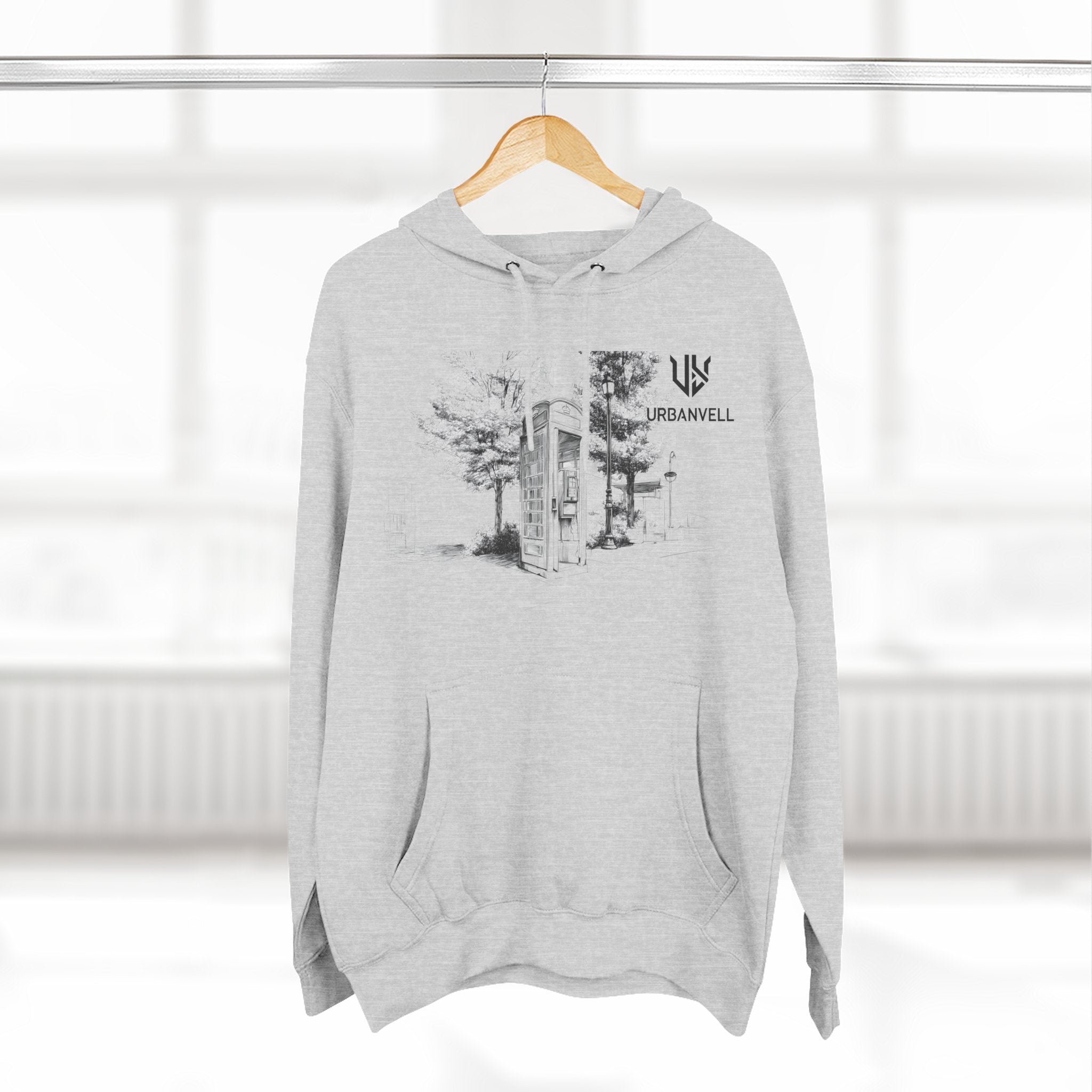 Phone Booth Three-Panel Fleece Hoodie — URBANVELL Minimal Urban Sketch Graphic Hoodie