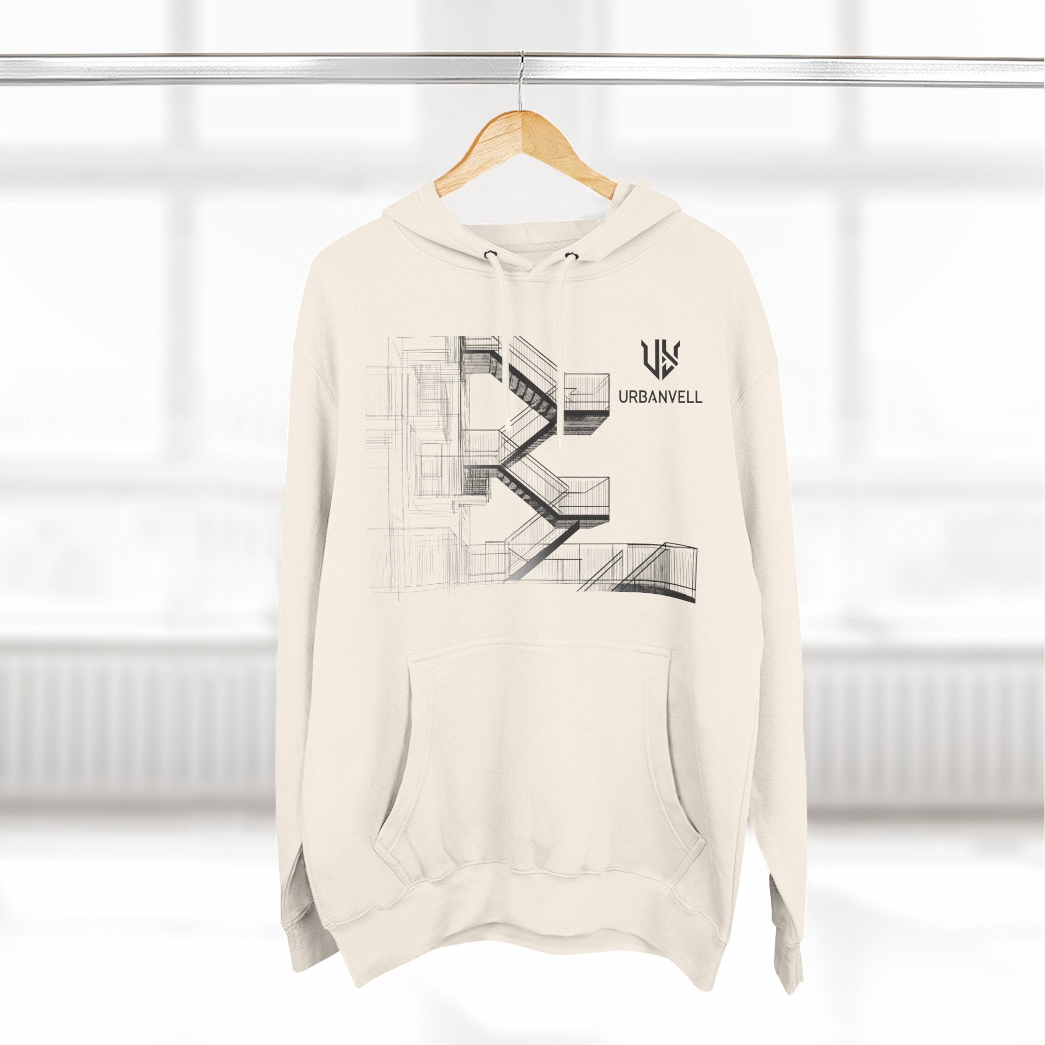 Architectural Fire Escape Stairs Sketch Hoodie — URBANVELL Three-Panel Fleece Pullover