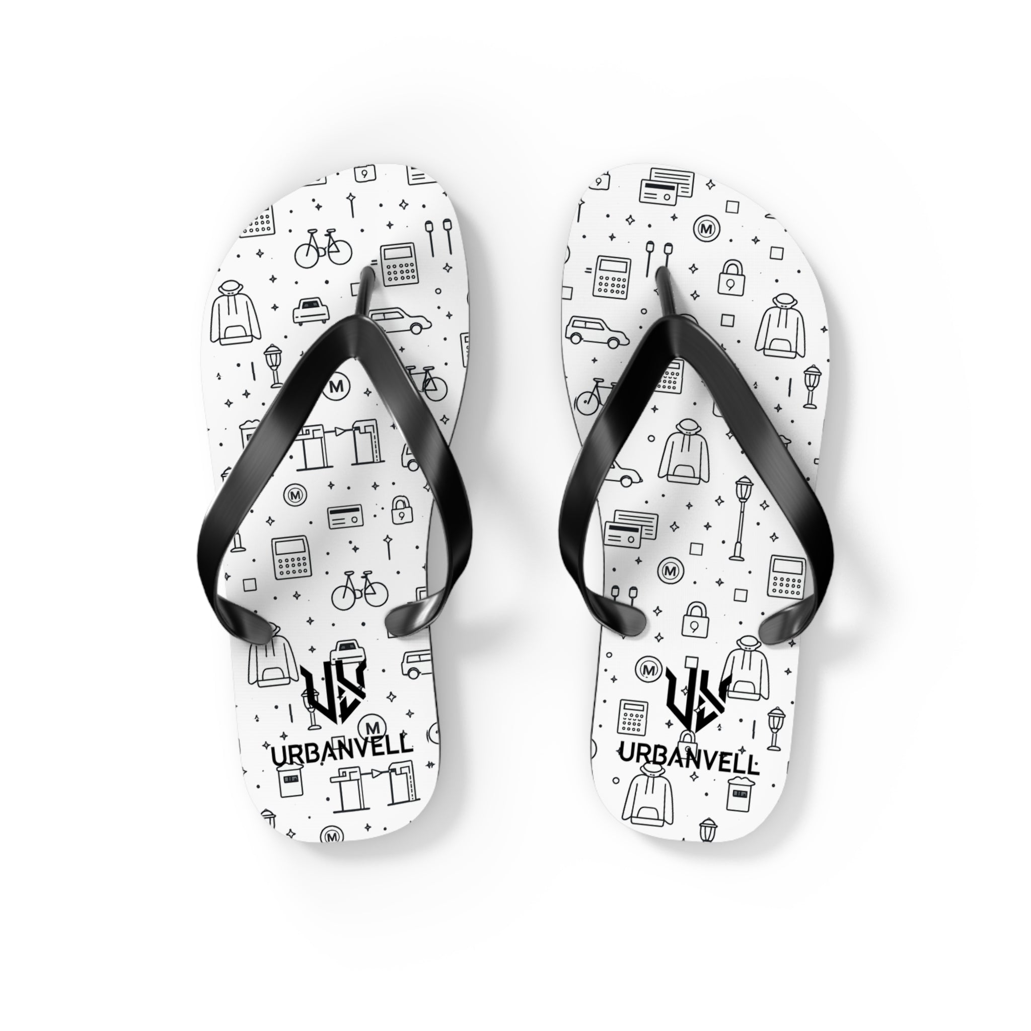 Urban Pattern Flip Flops — Monochrome City Icons Beach Sandals
