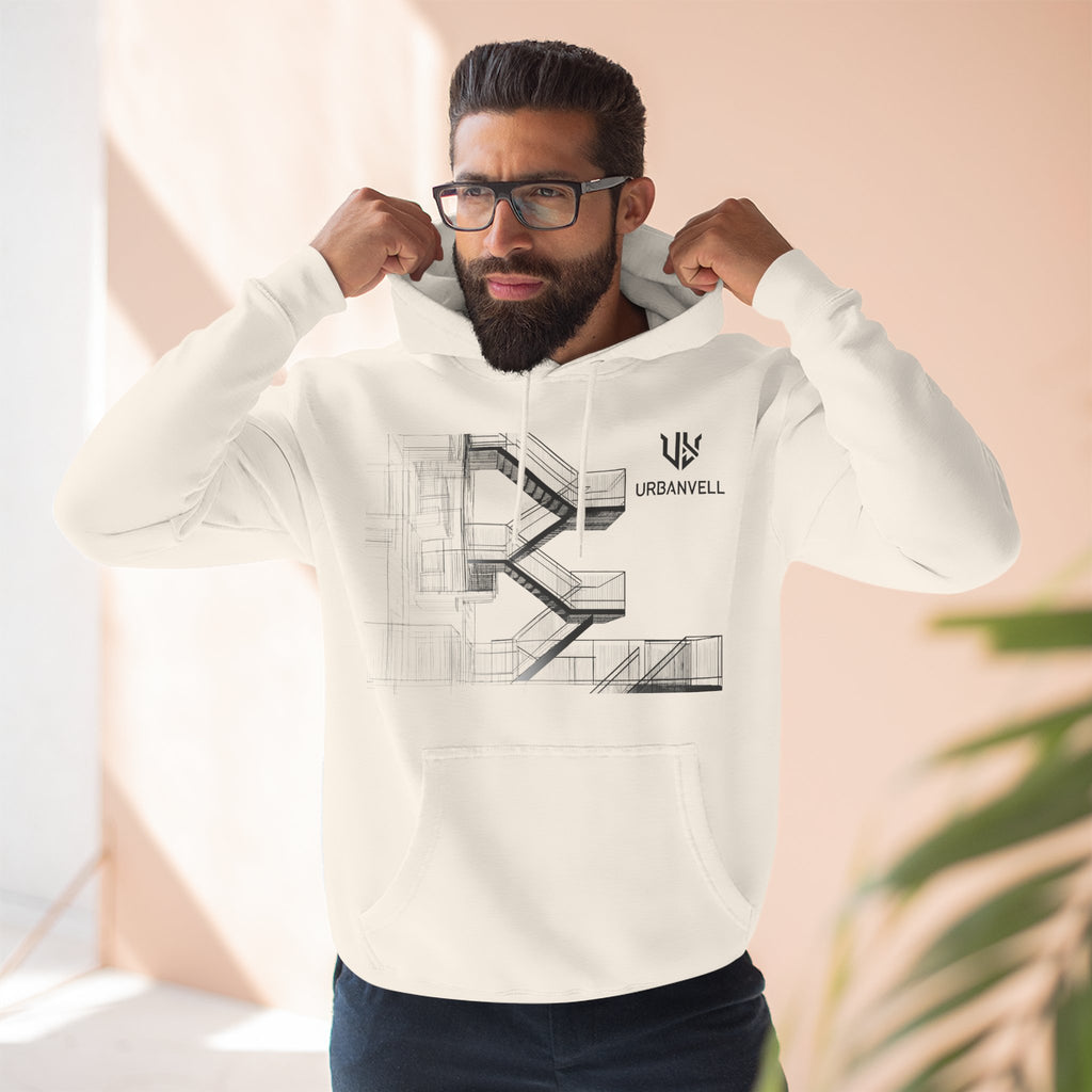 Architectural Fire Escape Stairs Sketch Hoodie — URBANVELL Three-Panel Fleece Pullover