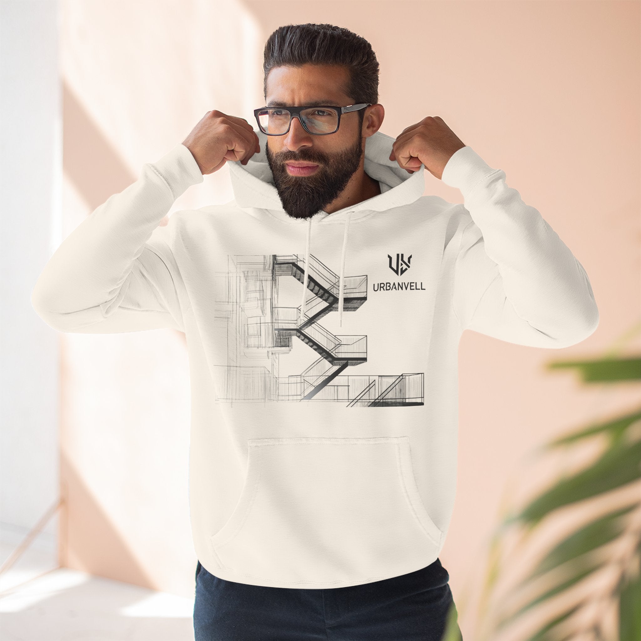 Architectural Fire Escape Stairs Sketch Hoodie — URBANVELL Three-Panel Fleece Pullover