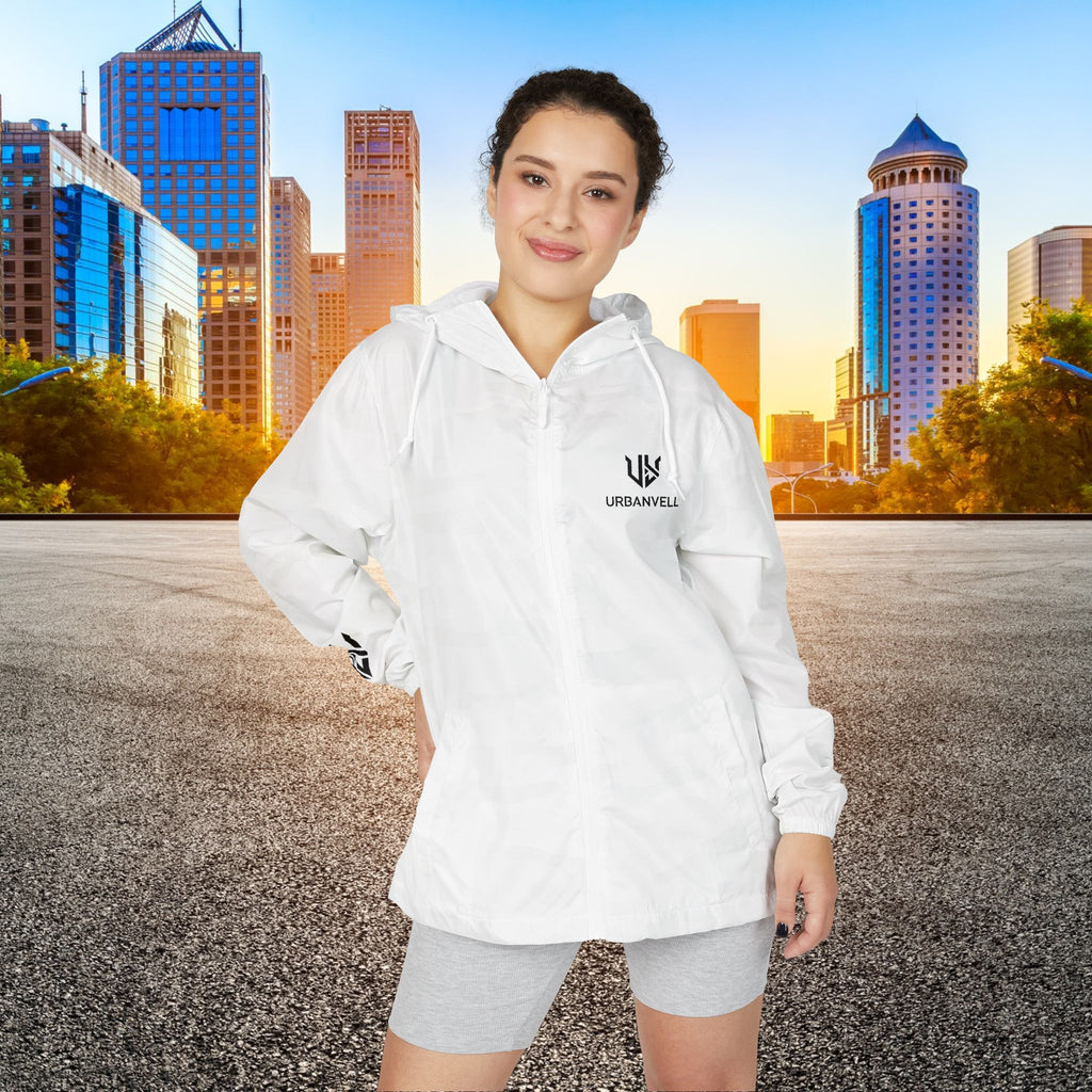 White Camo Windbreaker Jacket with URBANVELL Logo — Lightweight Full-Zip Hooded Jacket
