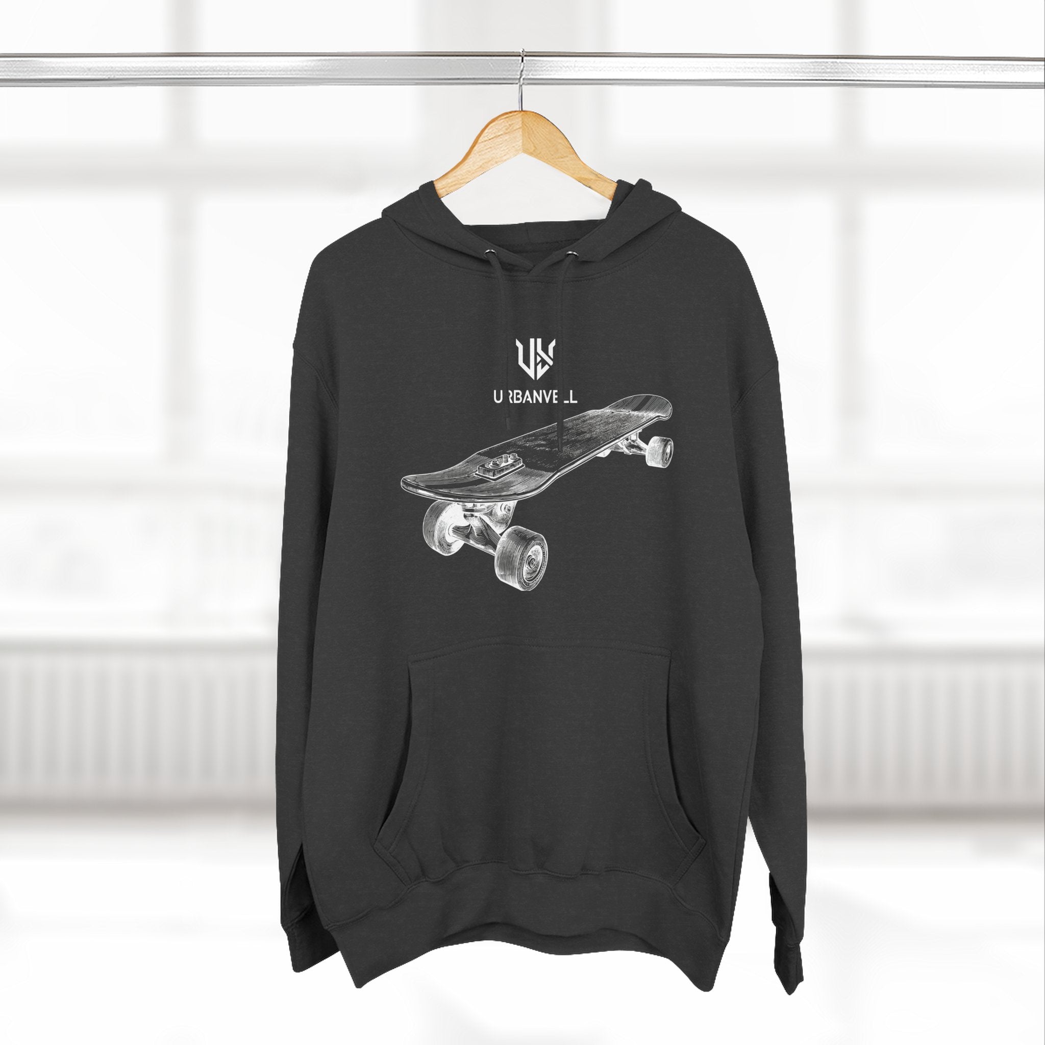 Skateboard Sketch Hoodie — URBANVELL Minimalist Hand-Drawn Skate Deck Pullover