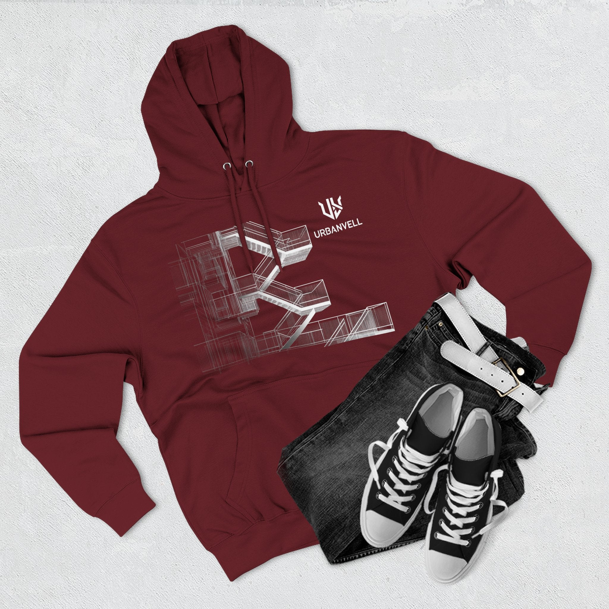 Architectural Fire Escape Stairs Sketch Hoodie — URBANVELL Three-Panel Fleece Pullover