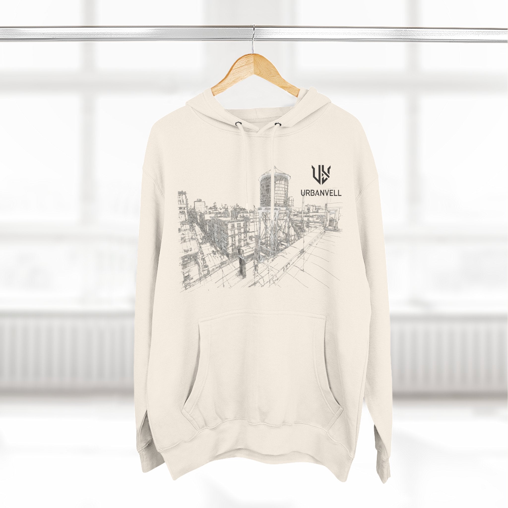 Water Tower Sketch Hoodie — URBANVELL Skyline Graphic Fleece Hoodie