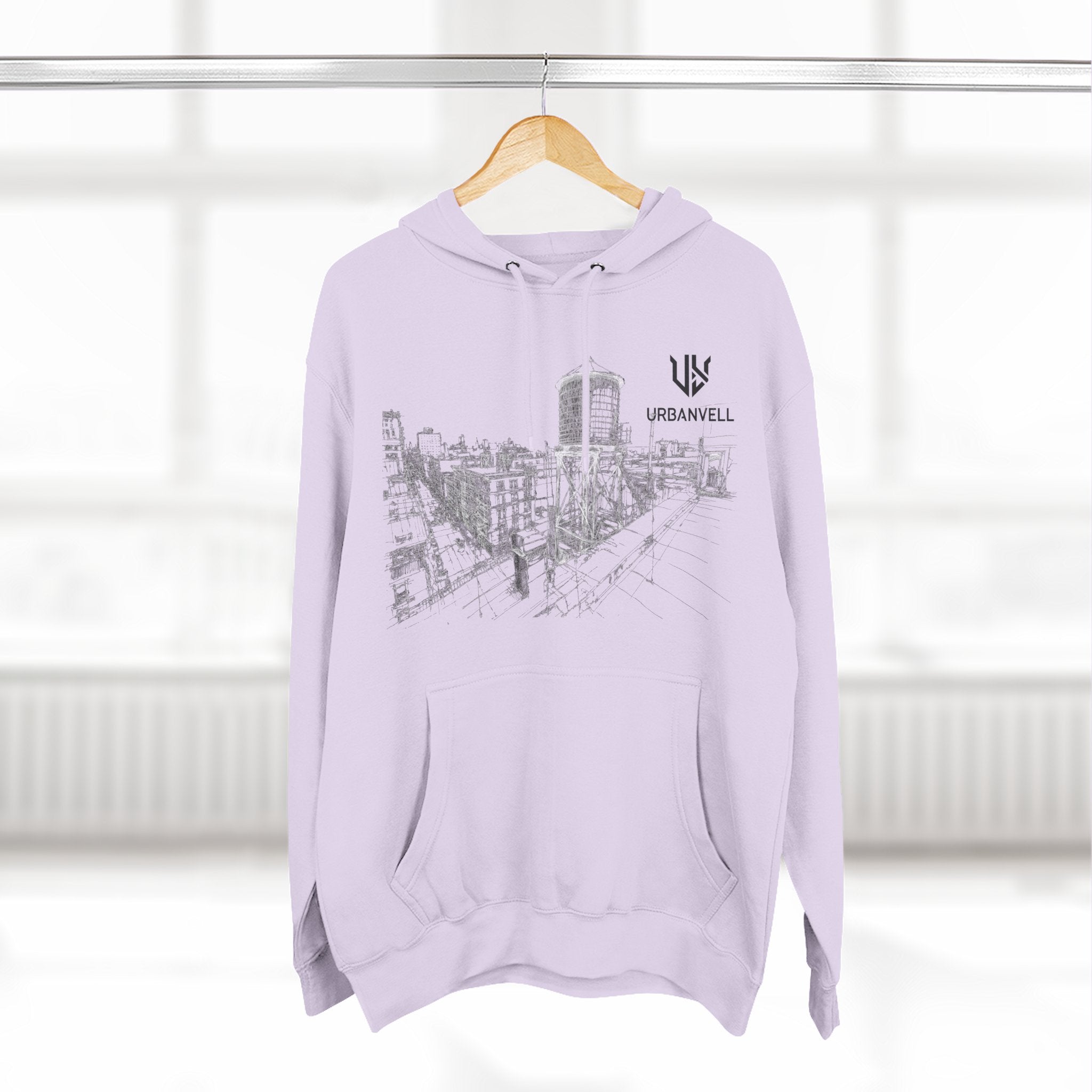 Water Tower Sketch Hoodie — URBANVELL Skyline Graphic Fleece Hoodie