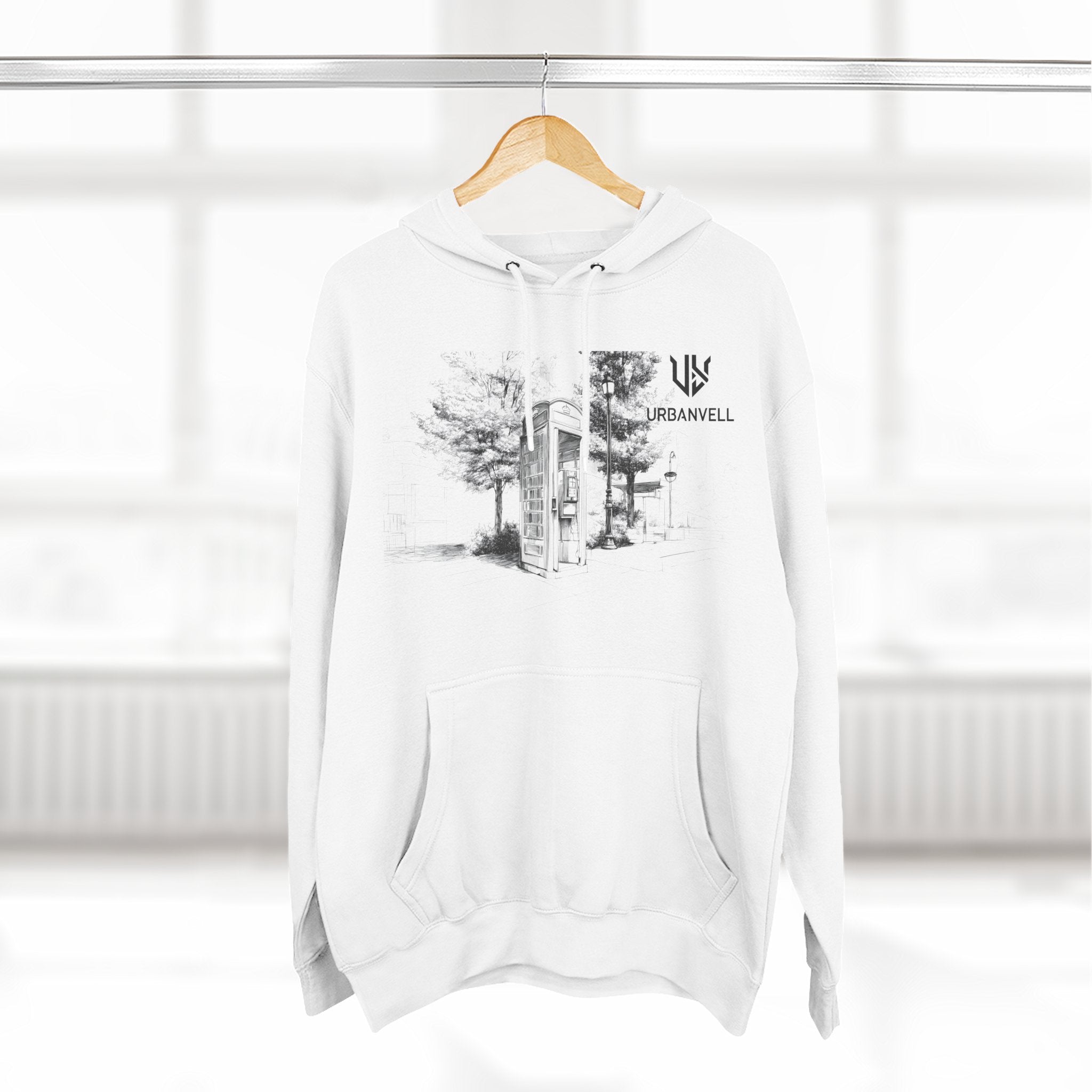 Phone Booth Three-Panel Fleece Hoodie — URBANVELL Minimal Urban Sketch Graphic Hoodie