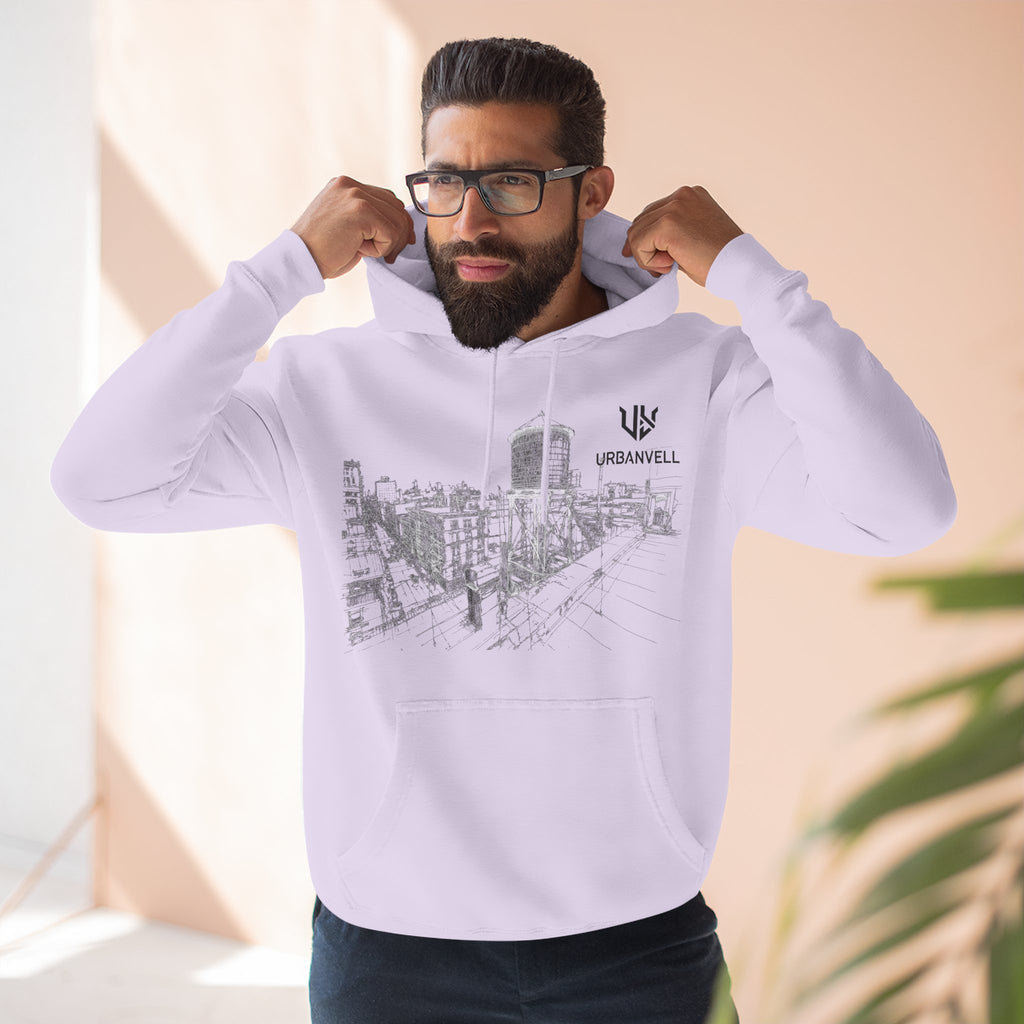 Water Tower Sketch Hoodie — URBANVELL Skyline Graphic Fleece Hoodie