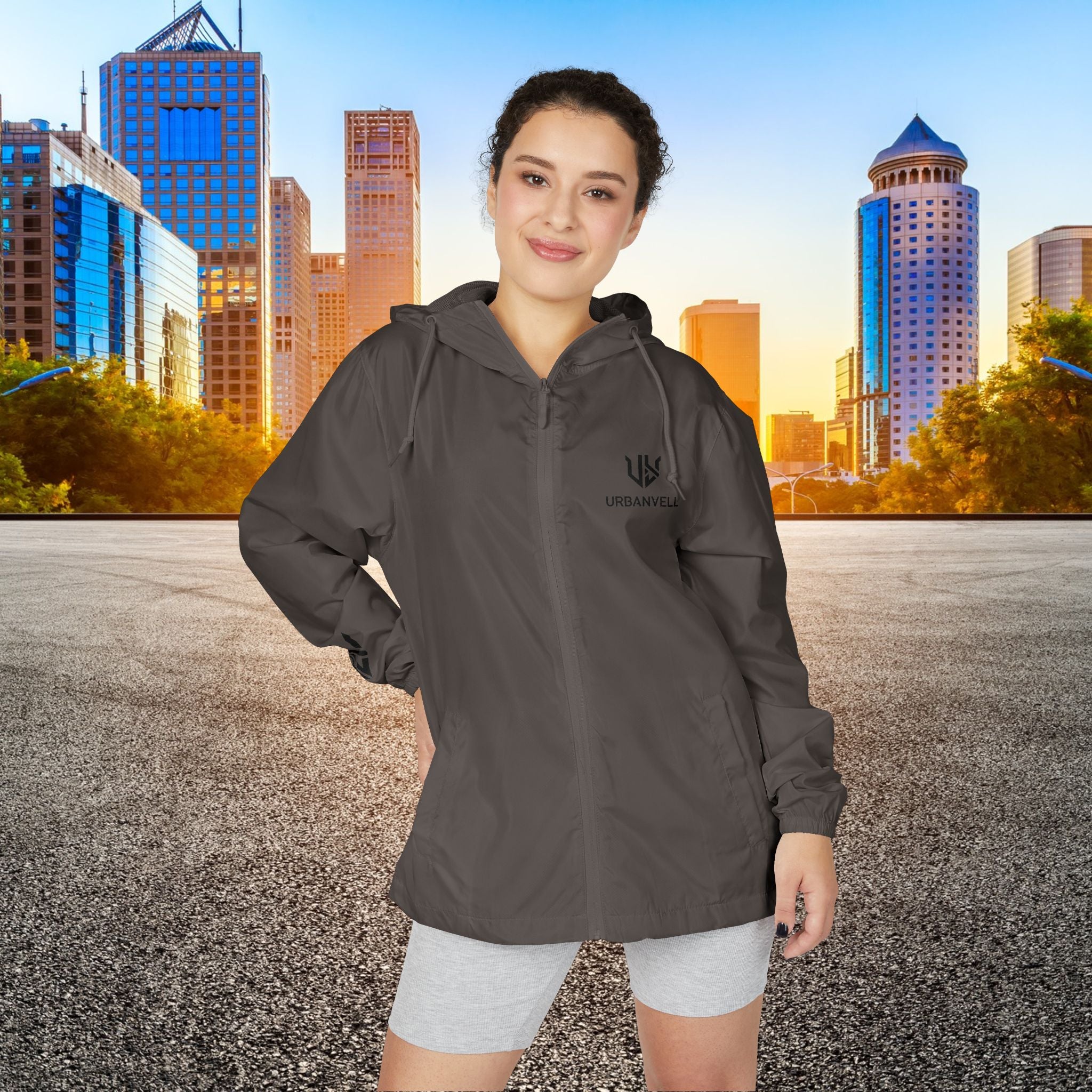 White Camo Windbreaker Jacket with URBANVELL Logo — Lightweight Full-Zip Hooded Jacket