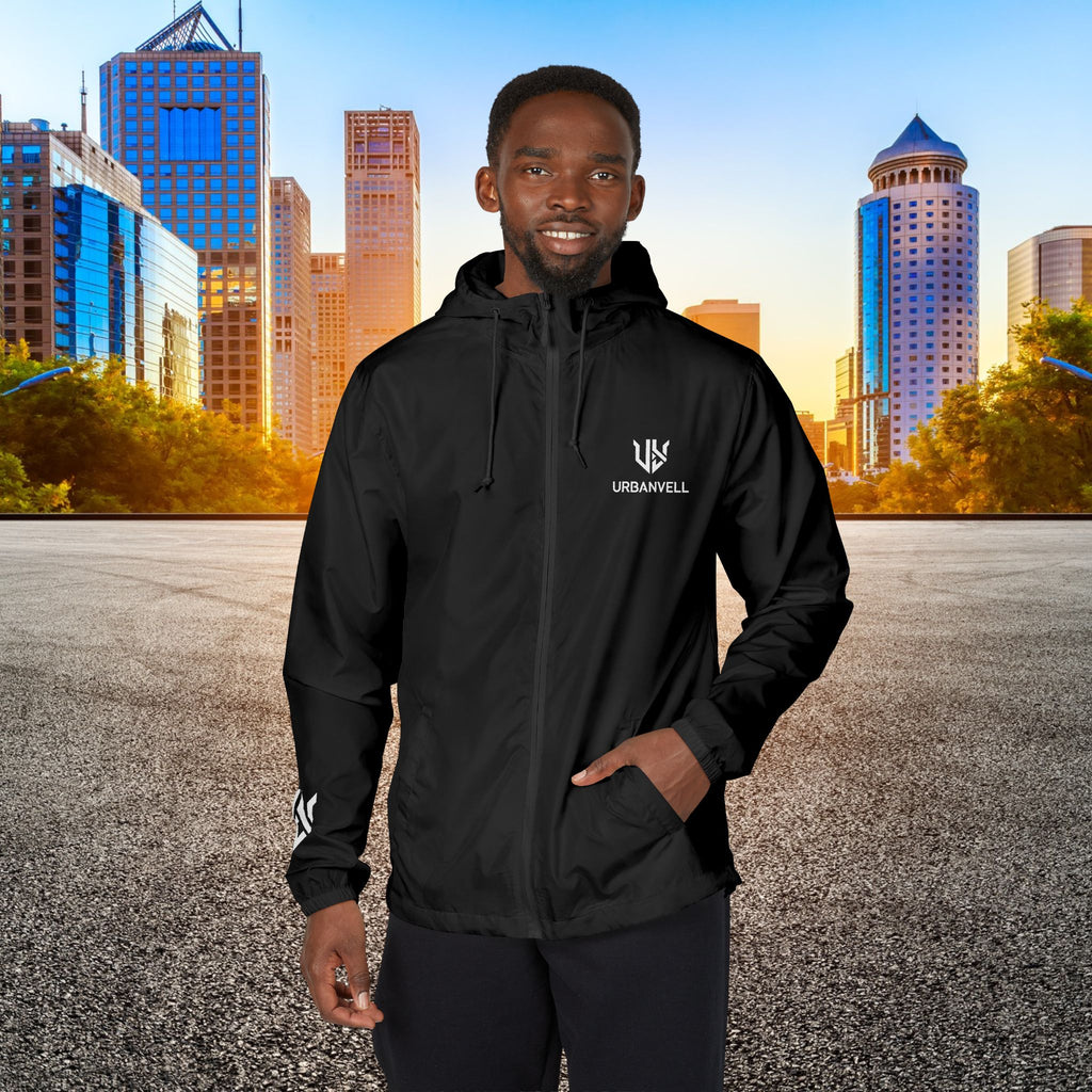 White Camo Windbreaker Jacket with URBANVELL Logo — Lightweight Full-Zip Hooded Jacket