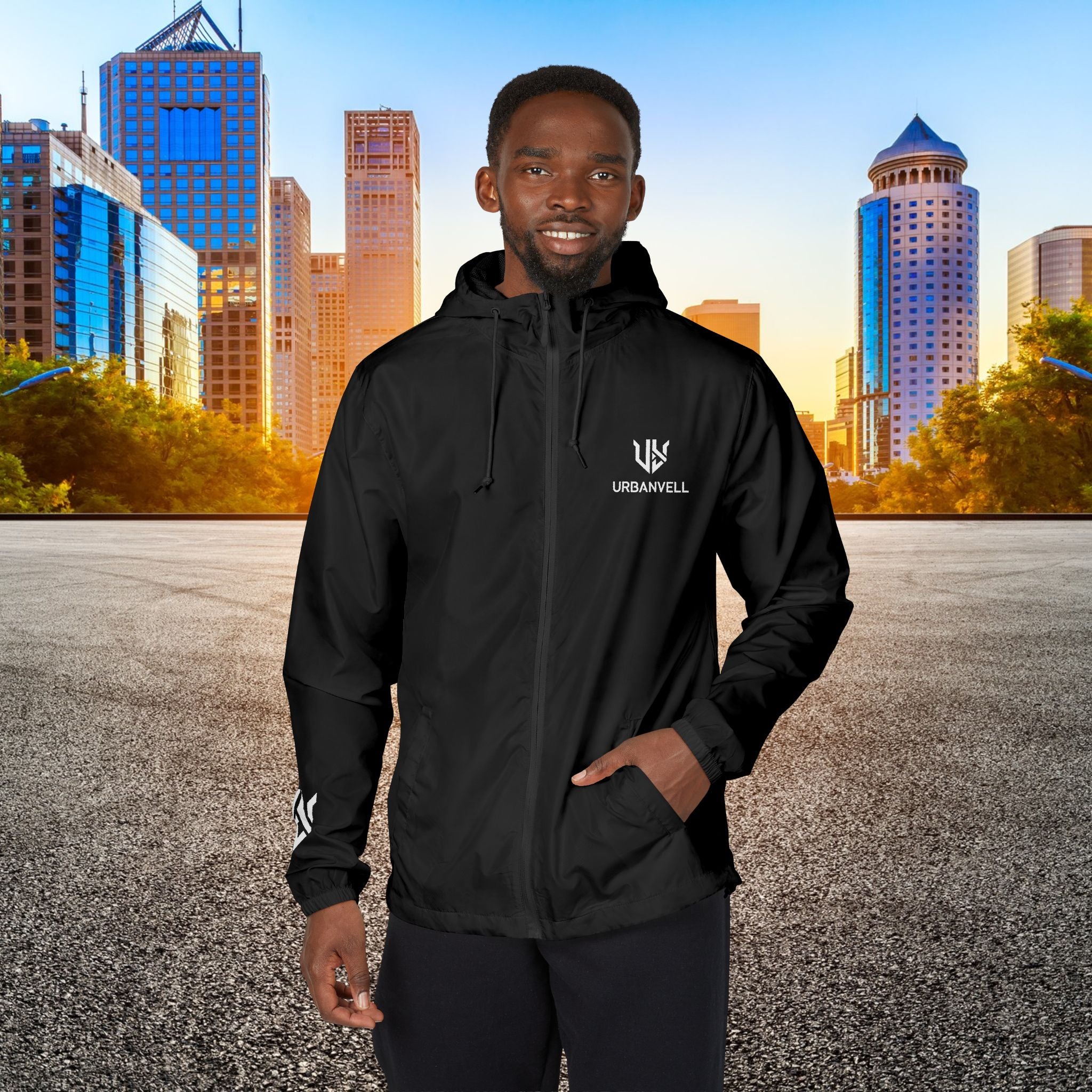 White Camo Windbreaker Jacket with URBANVELL Logo — Lightweight Full-Zip Hooded Jacket