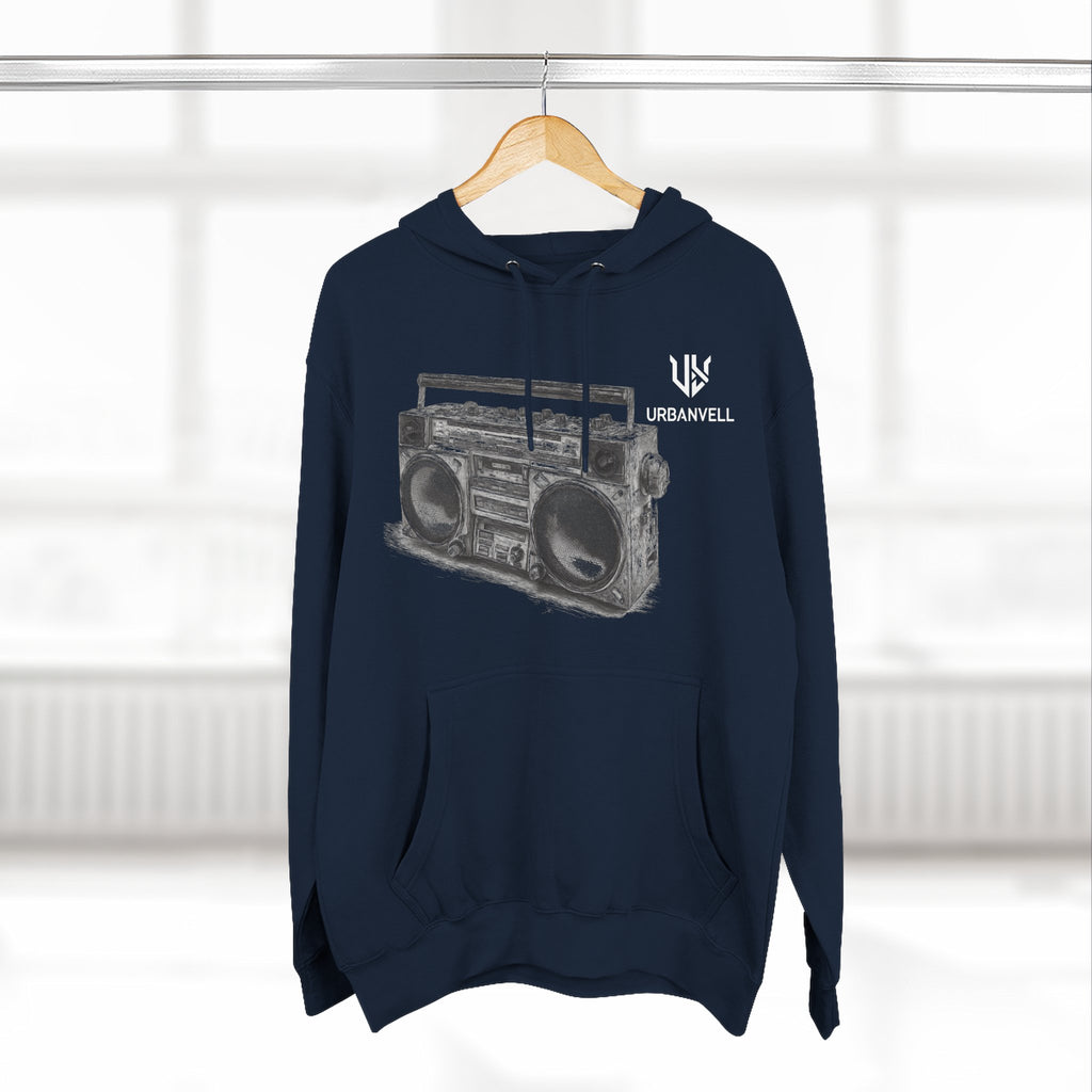 Boombox Sketch Hoodie — URBANVELL Retro Urban Music Fleece Pullover