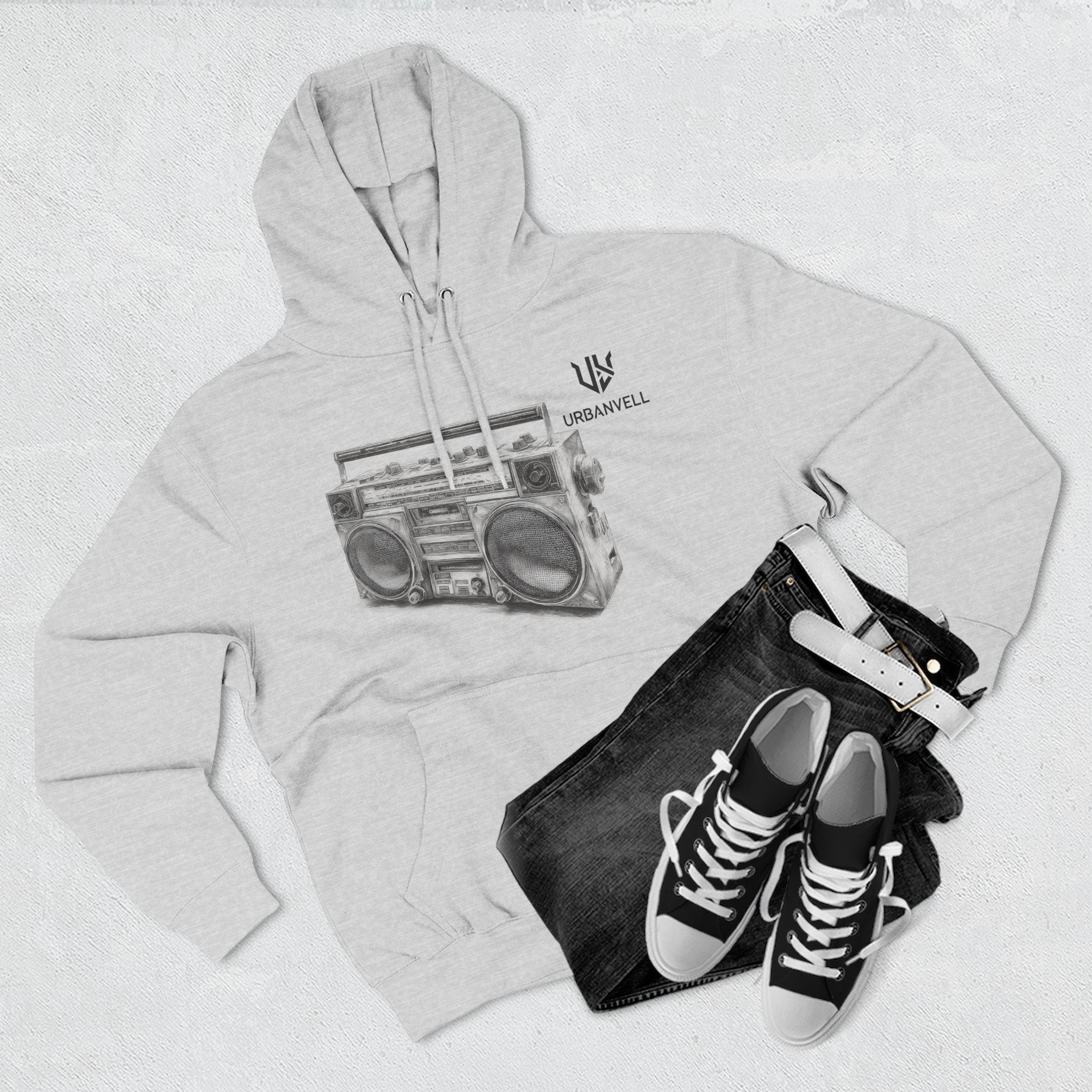 Boombox Sketch Hoodie — URBANVELL Retro Urban Music Fleece Pullover