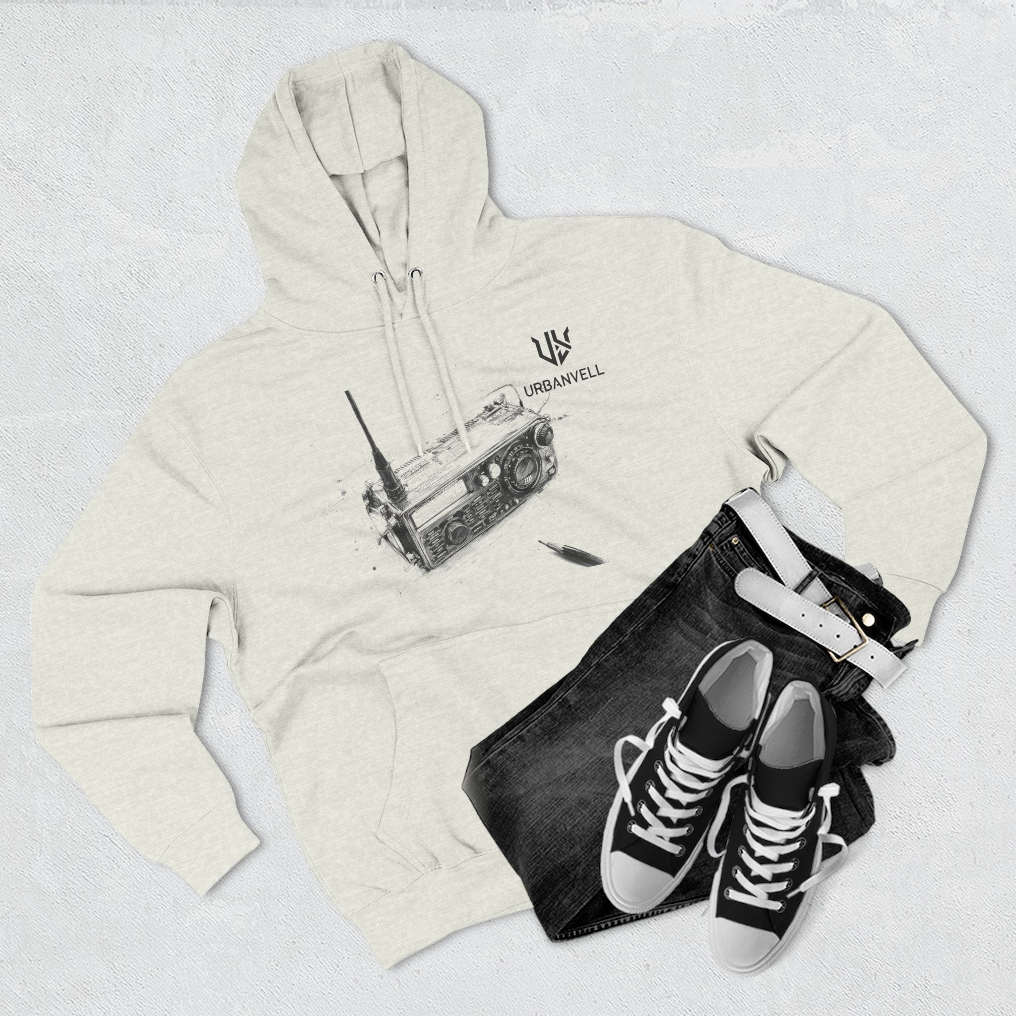 Walkie-Talkie Radio Sketch Hoodie — URBANVELL Minimal Urban Radio Graphic Fleece Pullover