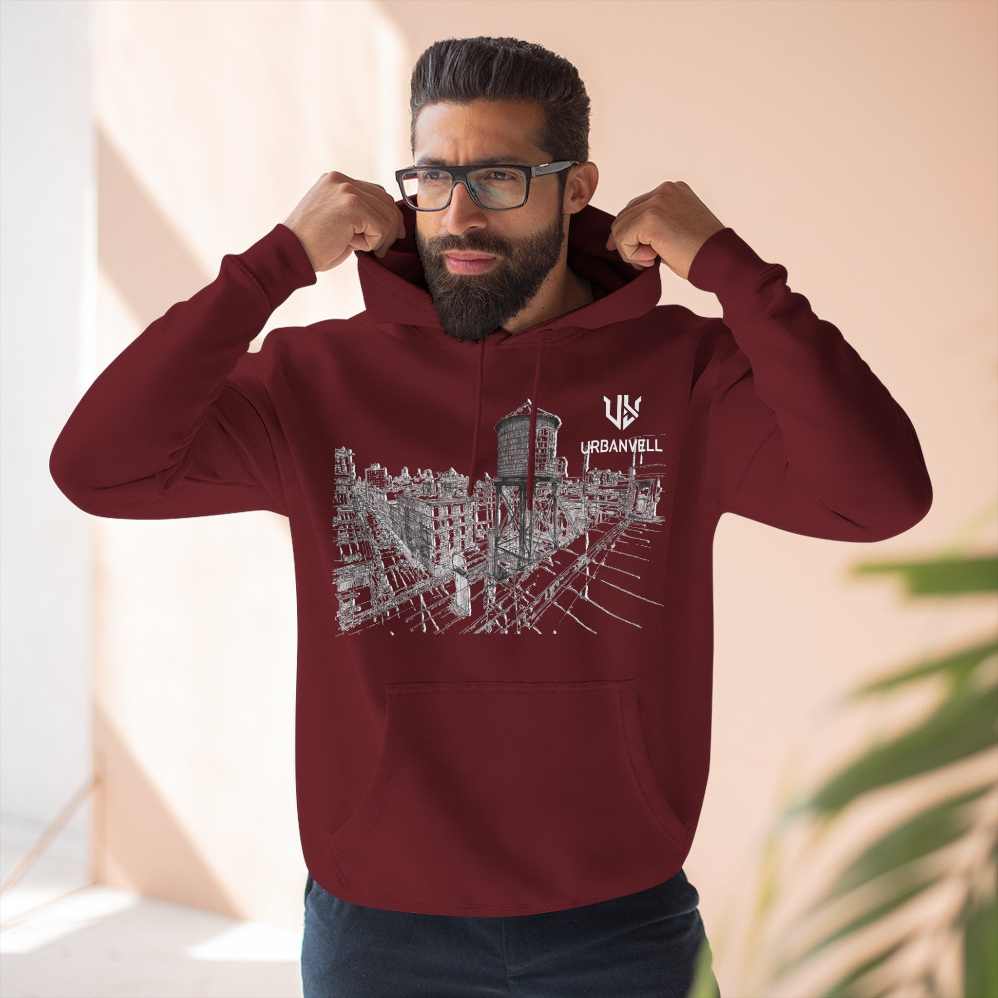 Water Tower Sketch Hoodie — URBANVELL Skyline Graphic Fleece Hoodie