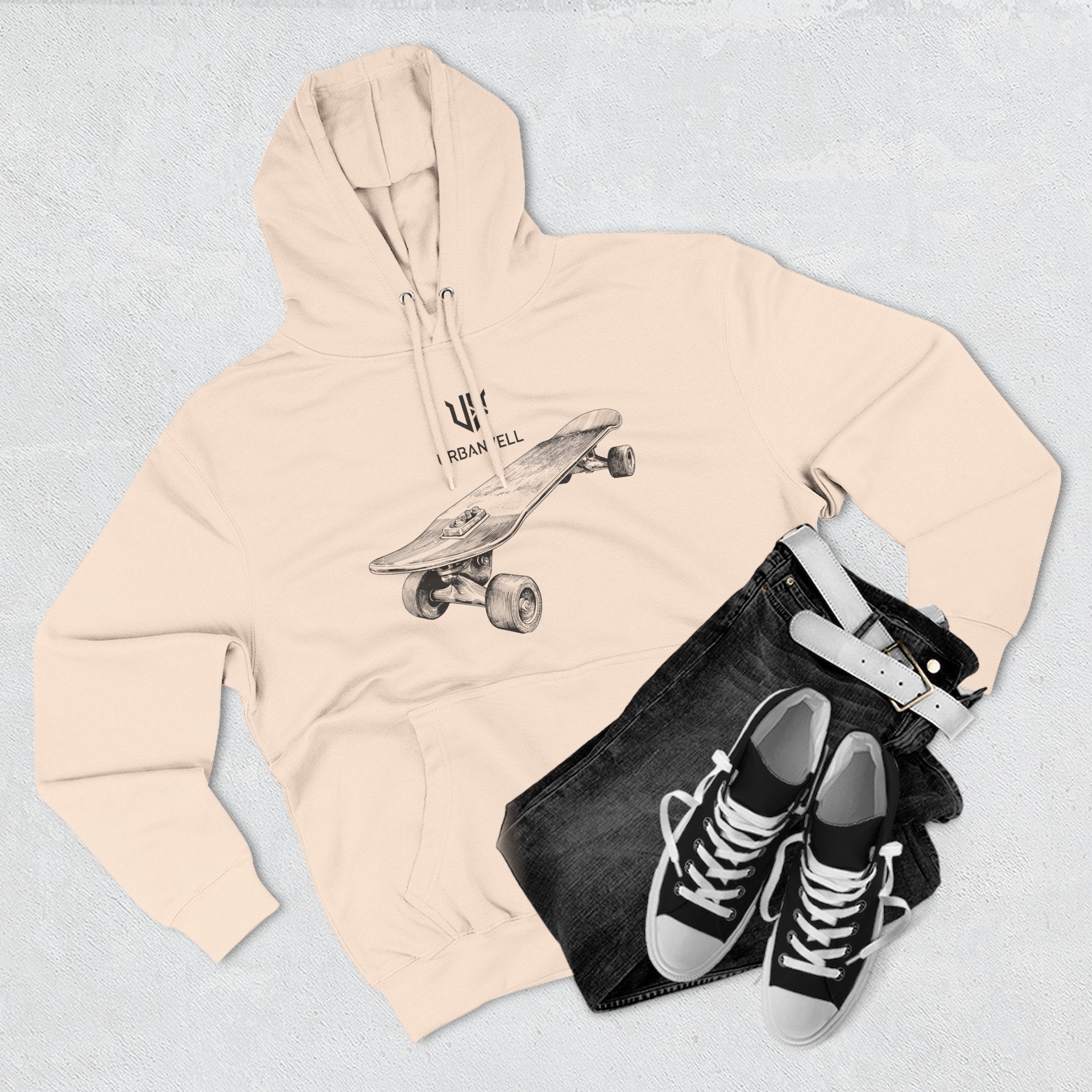 Skateboard Sketch Hoodie — URBANVELL Minimalist Hand-Drawn Skate Deck Pullover