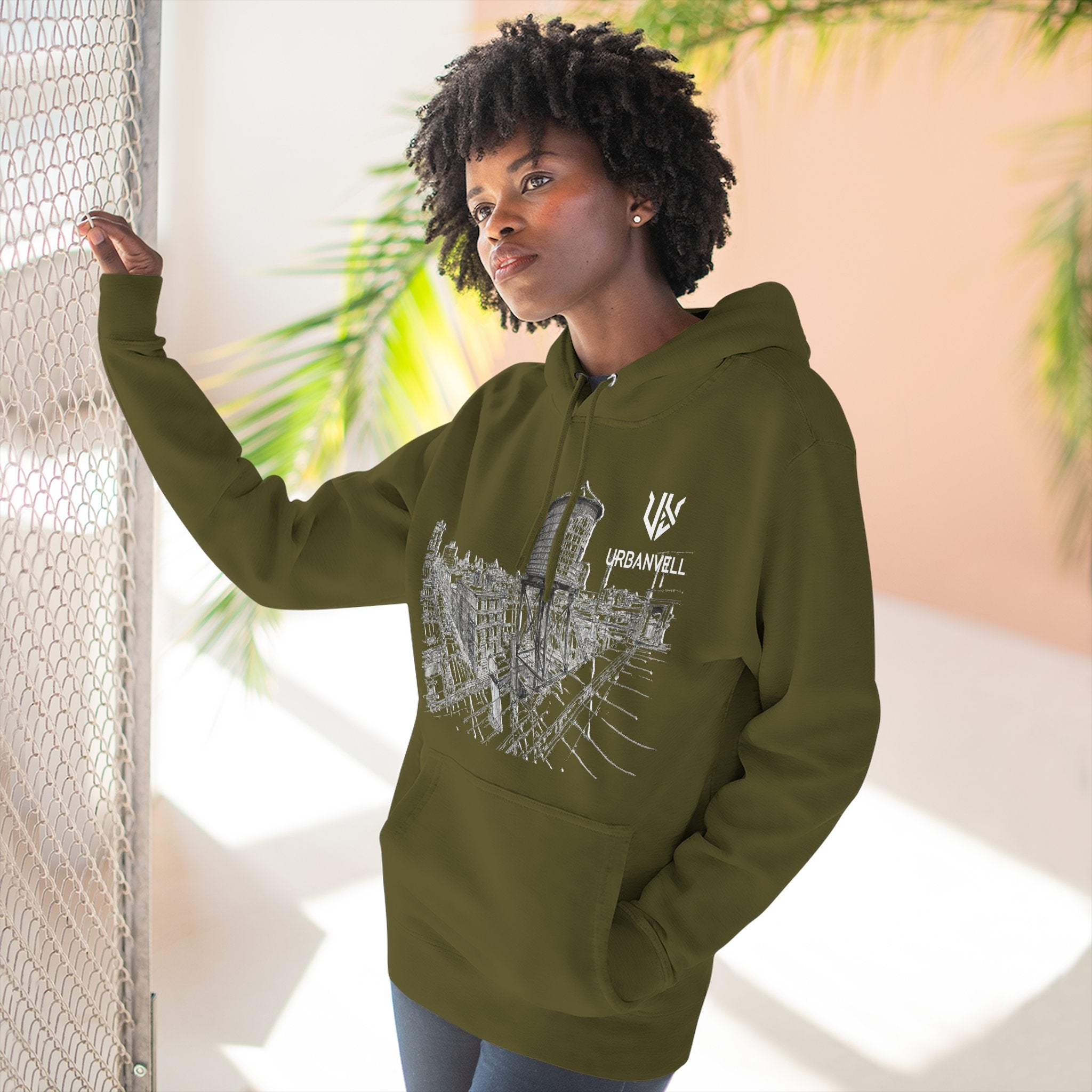 Water Tower Sketch Hoodie — URBANVELL Skyline Graphic Fleece Hoodie