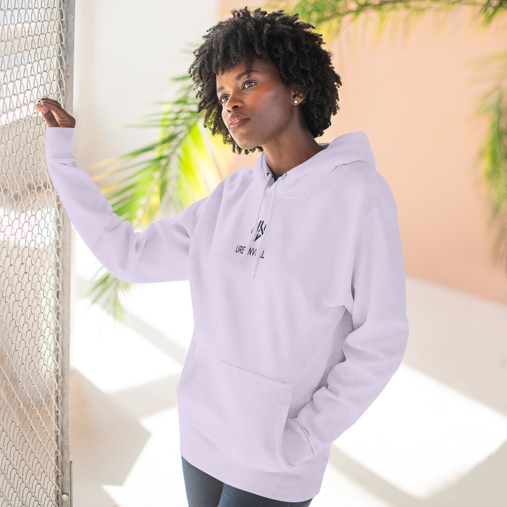 Minimal Small Cenetred Logo Hoodie — URBANVELL White Three-Panel Fleece Hooded Sweatshirt