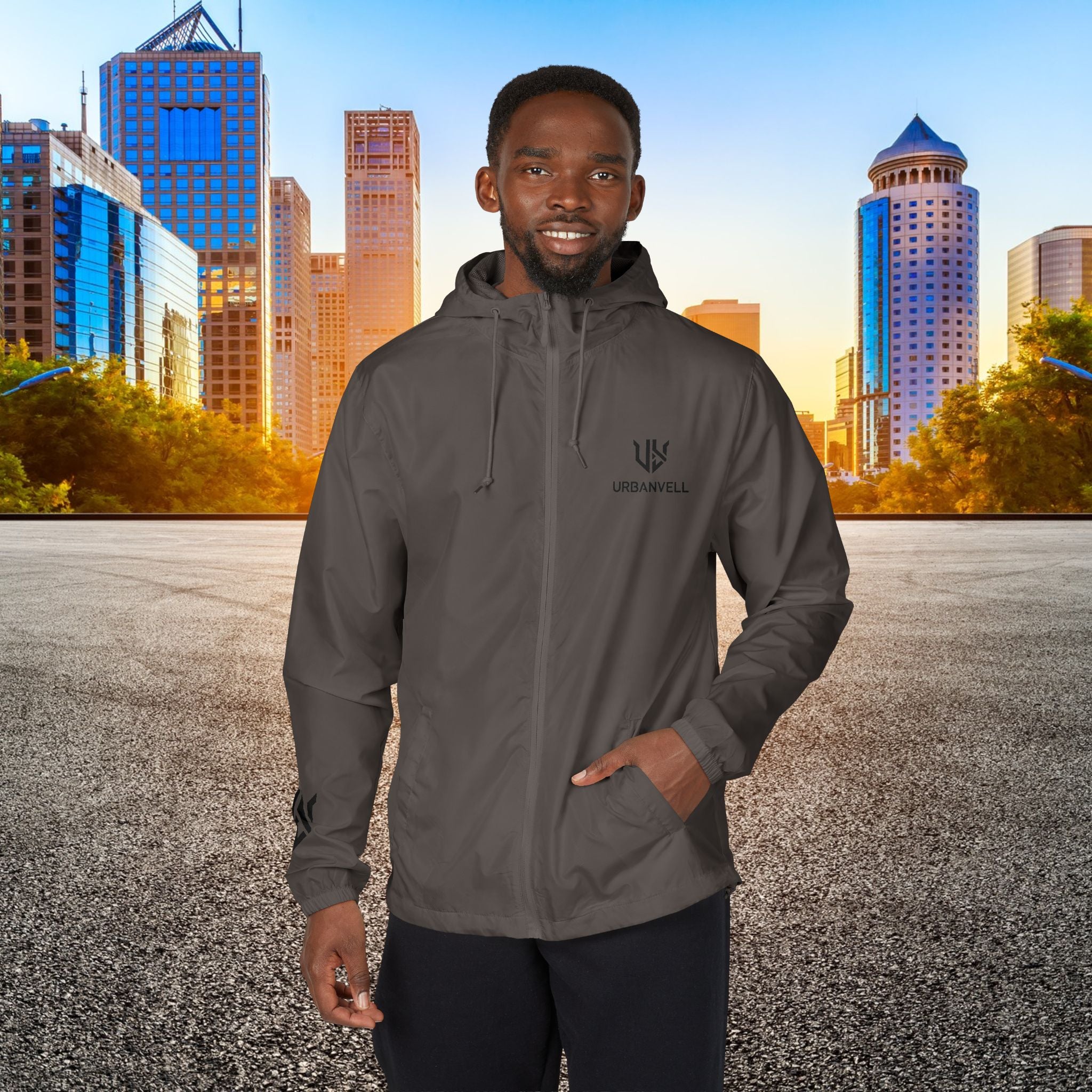 White Camo Windbreaker Jacket with URBANVELL Logo — Lightweight Full-Zip Hooded Jacket