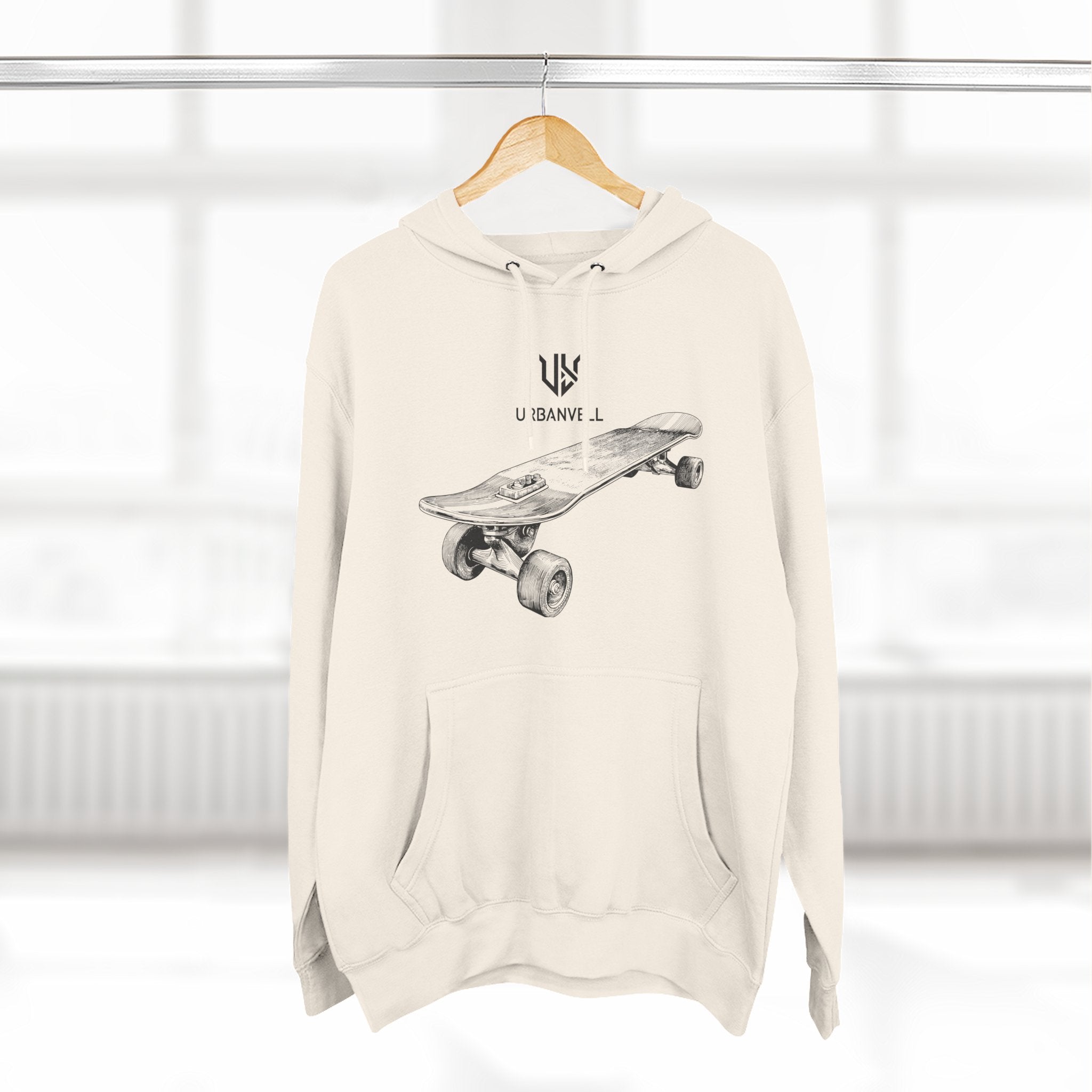 Skateboard Sketch Hoodie — URBANVELL Minimalist Hand-Drawn Skate Deck Pullover