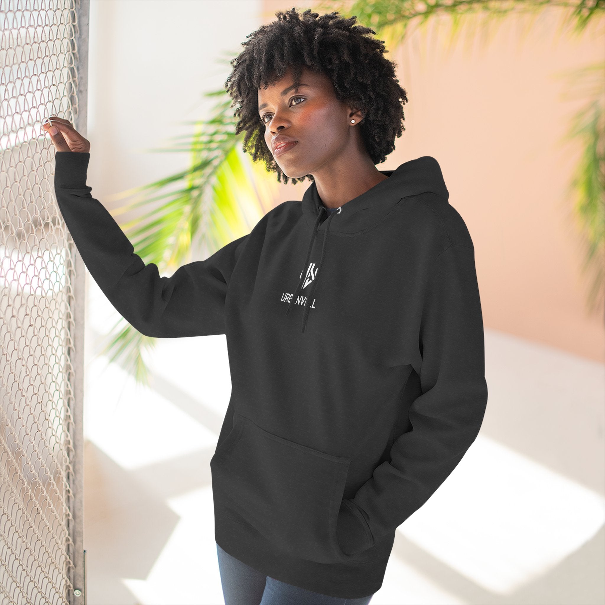 Minimal Small Cenetred Logo Hoodie — URBANVELL White Three-Panel Fleece Hooded Sweatshirt