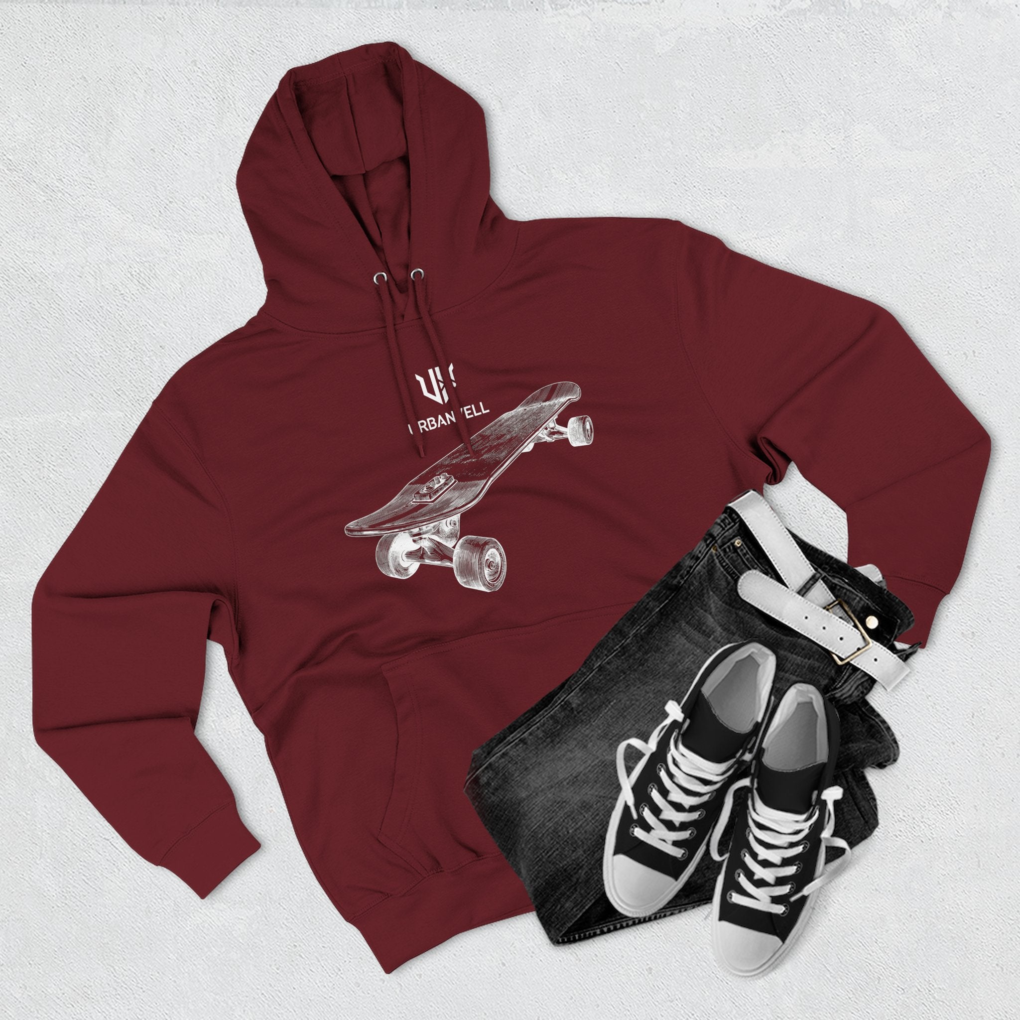 Skateboard Sketch Hoodie — URBANVELL Minimalist Hand-Drawn Skate Deck Pullover