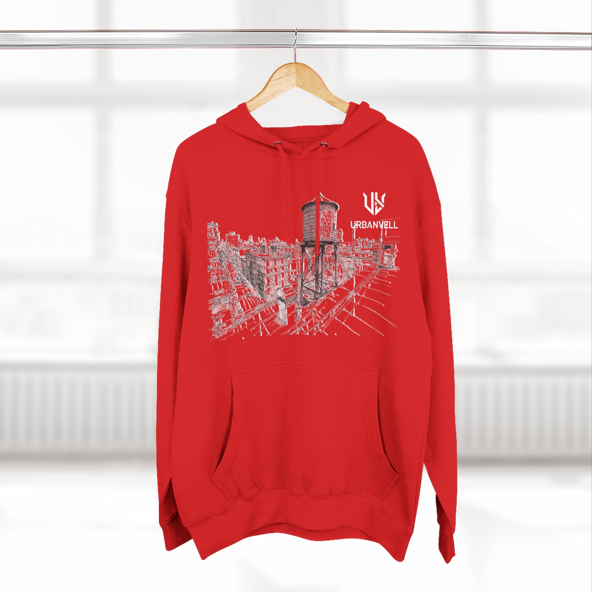 Water Tower Sketch Hoodie — URBANVELL Skyline Graphic Fleece Hoodie