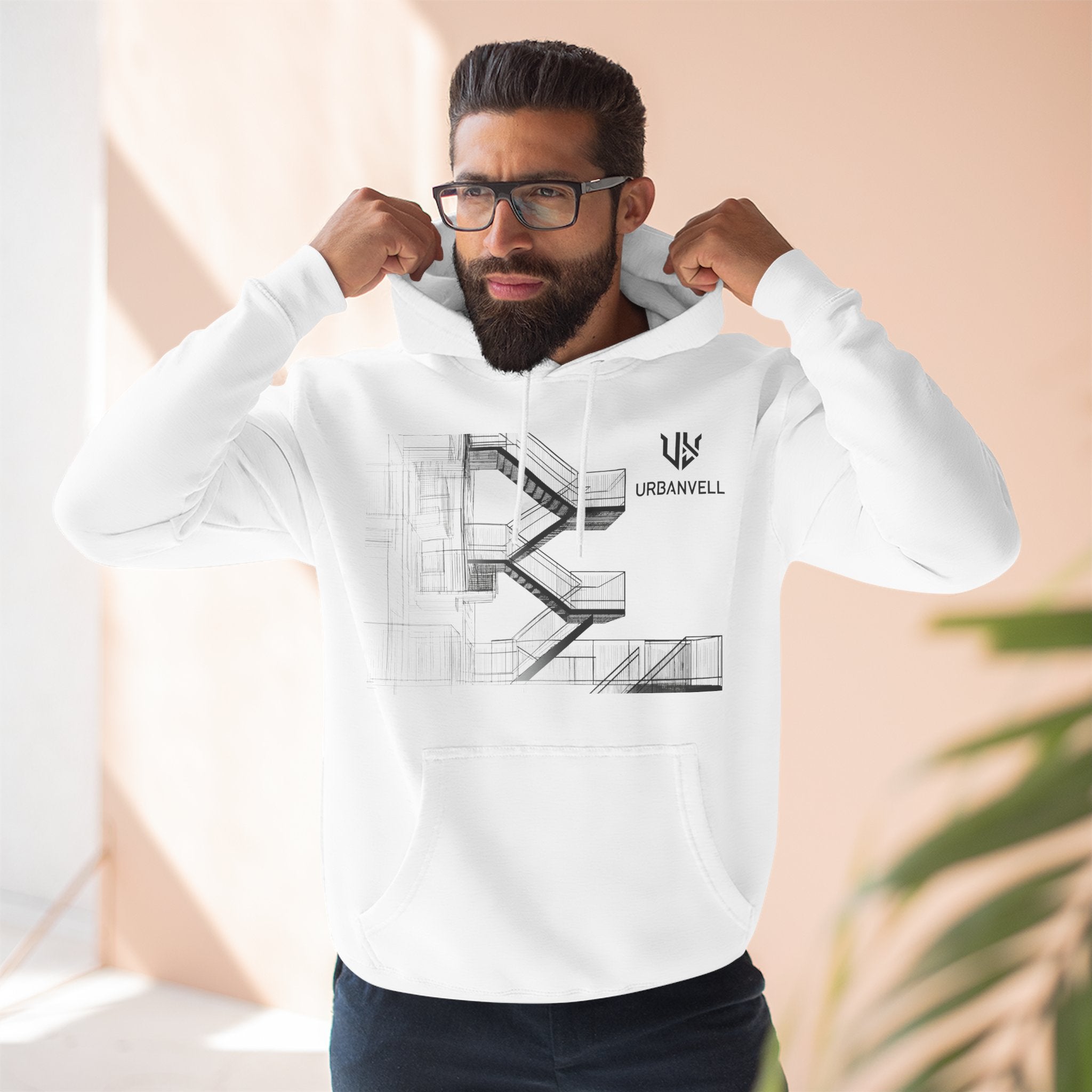 Architectural Fire Escape Stairs Sketch Hoodie — URBANVELL Three-Panel Fleece Pullover