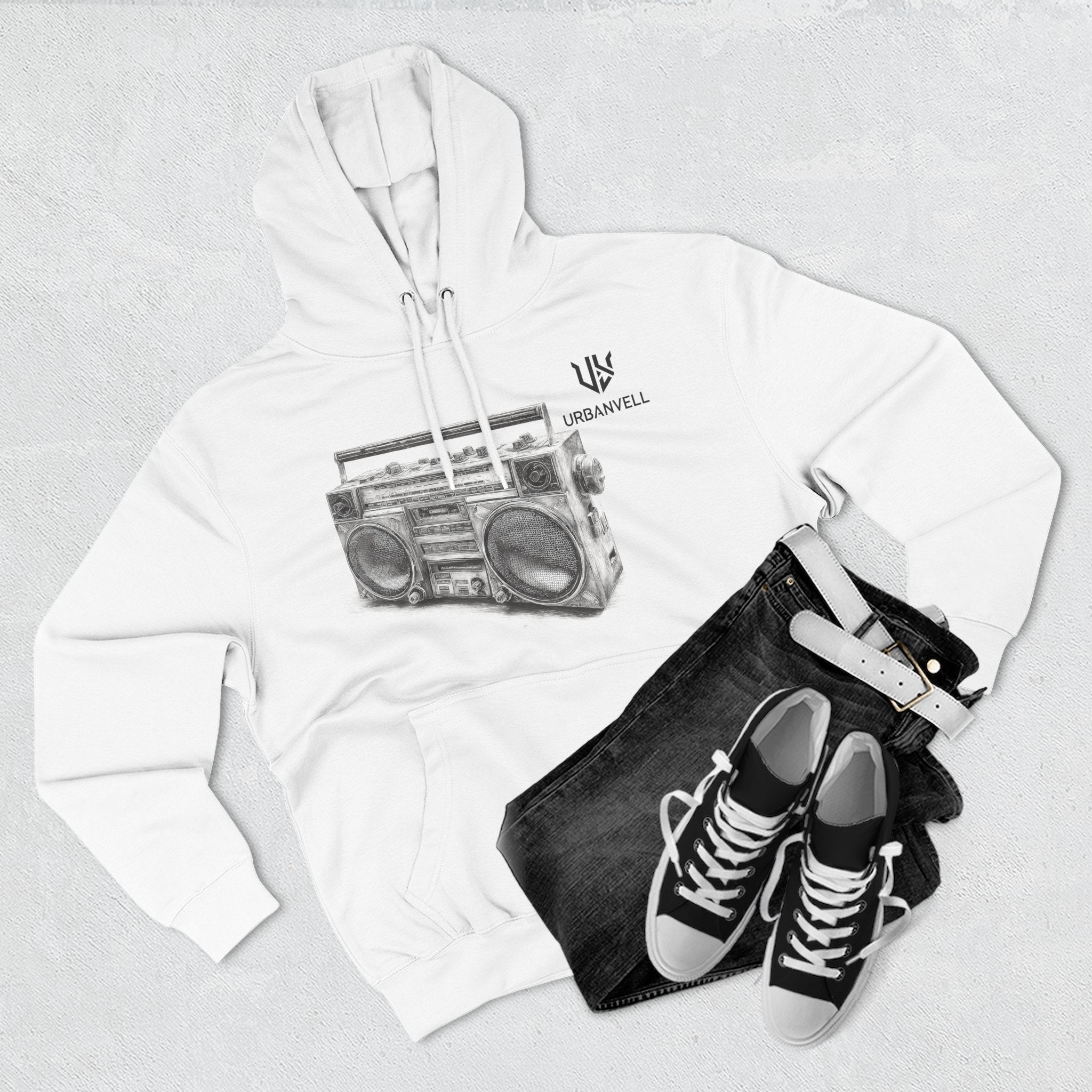 Boombox Sketch Hoodie — URBANVELL Retro Urban Music Fleece Pullover
