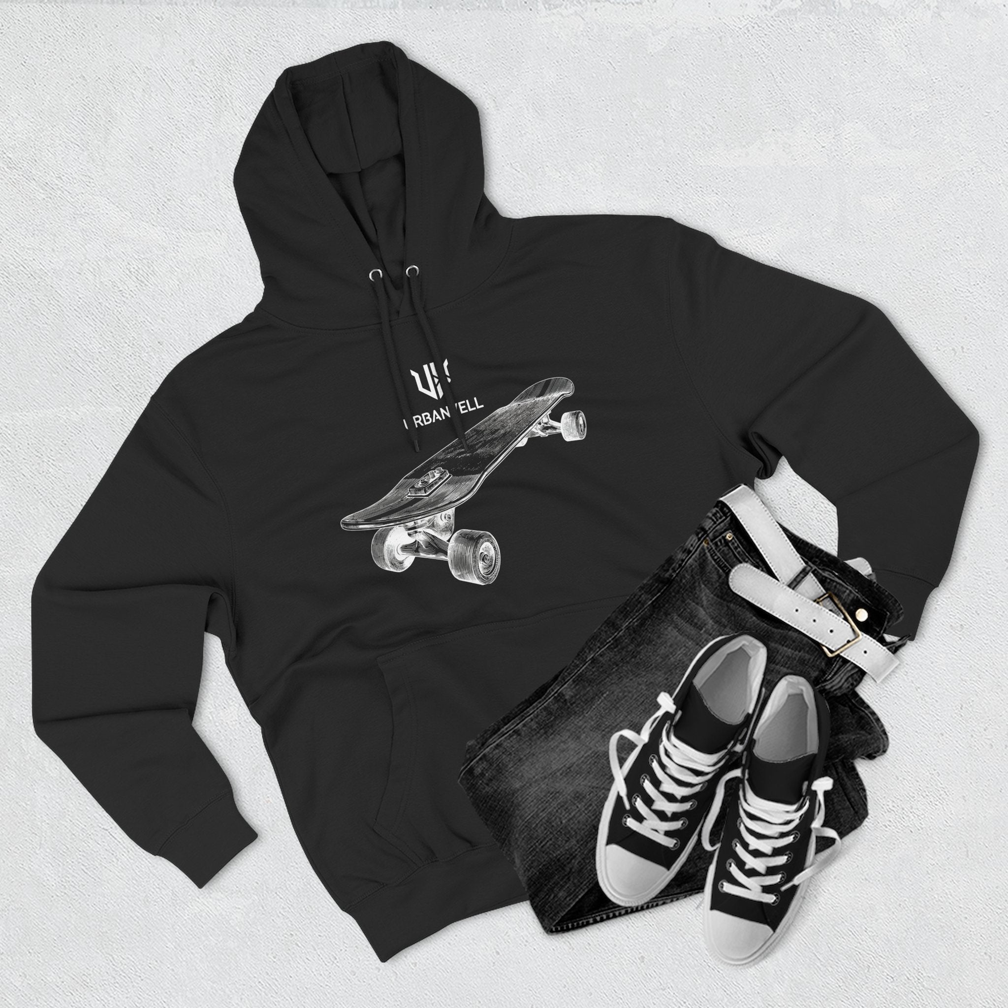 Skateboard Sketch Hoodie — URBANVELL Minimalist Hand-Drawn Skate Deck Pullover