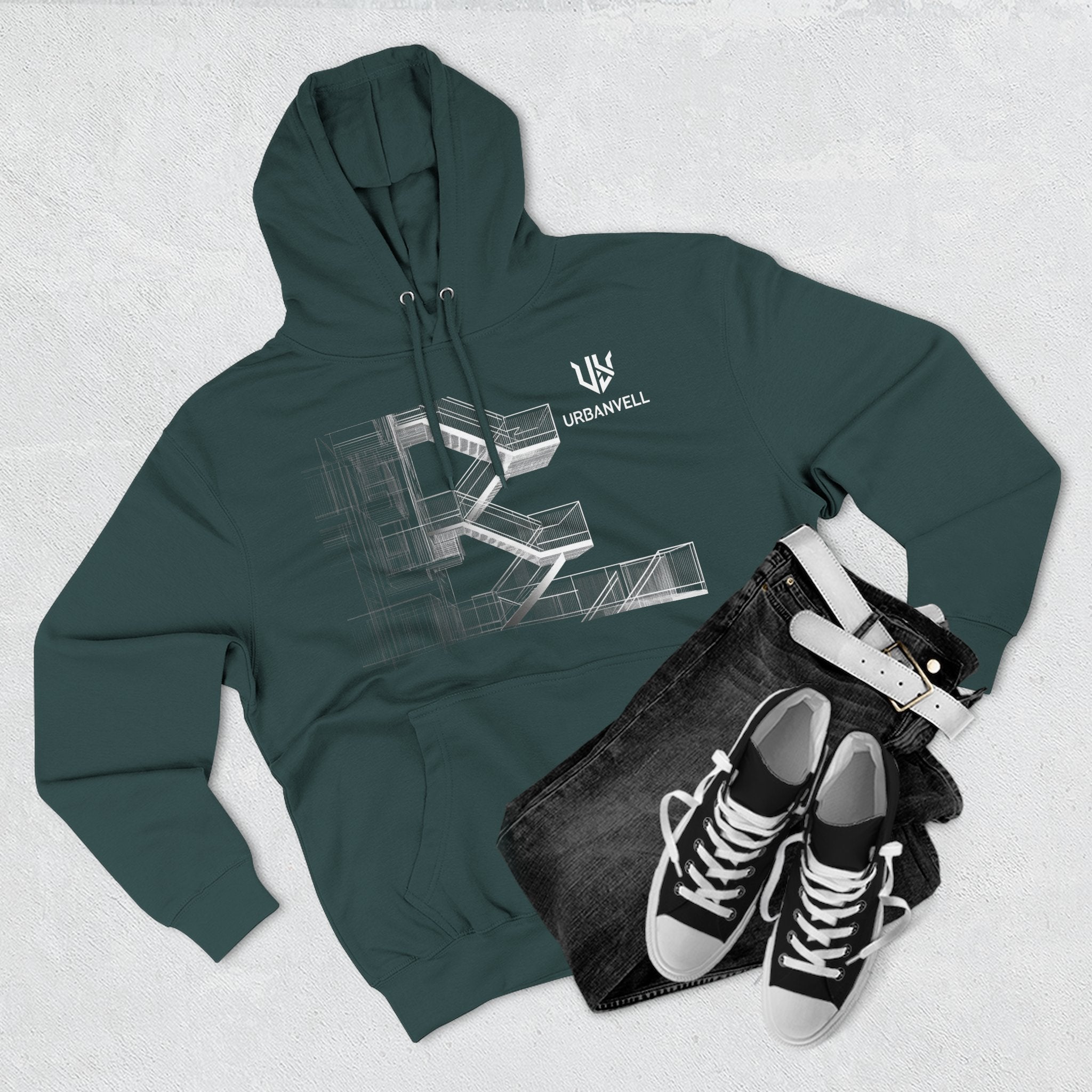 Architectural Fire Escape Stairs Sketch Hoodie — URBANVELL Three-Panel Fleece Pullover