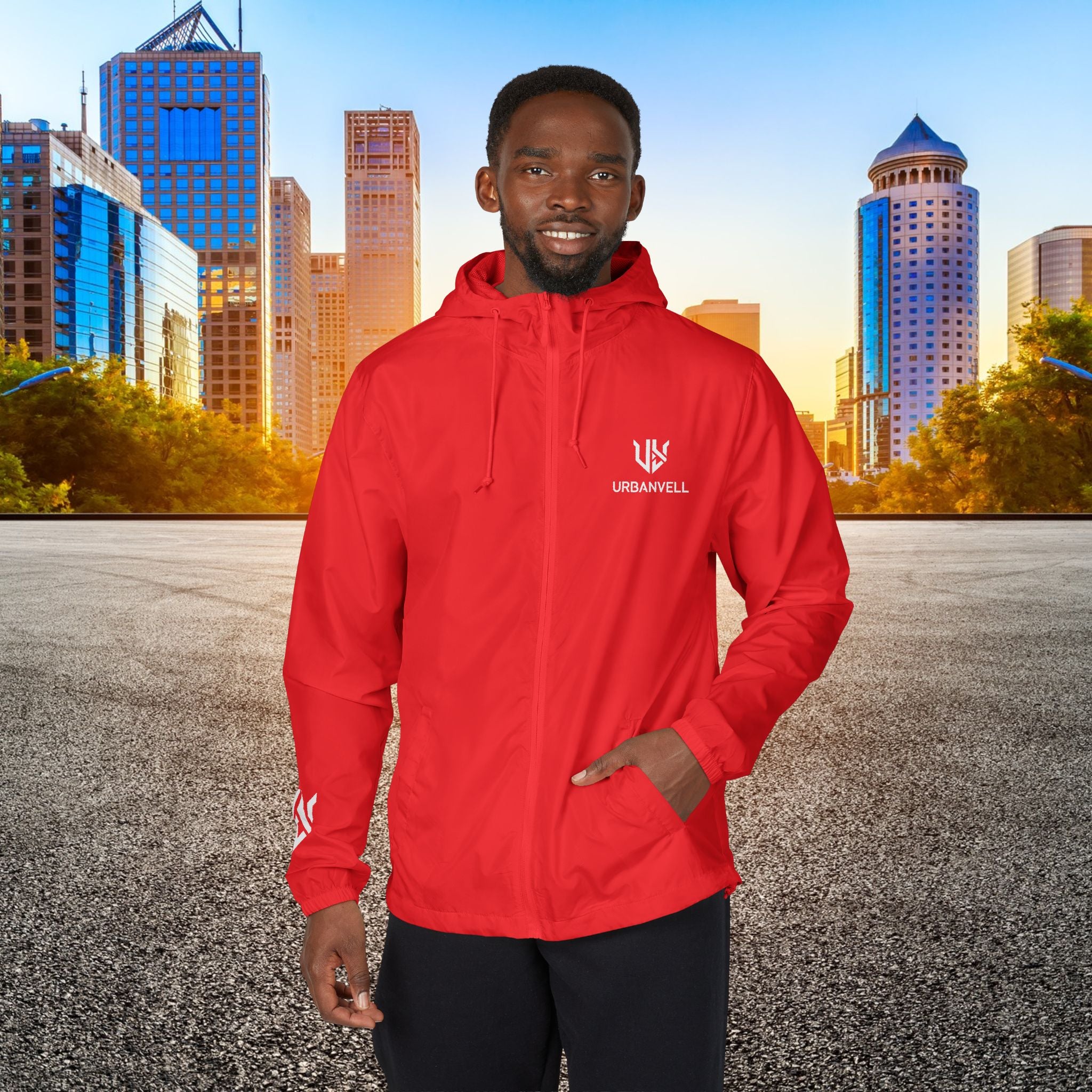 White Camo Windbreaker Jacket with URBANVELL Logo — Lightweight Full-Zip Hooded Jacket