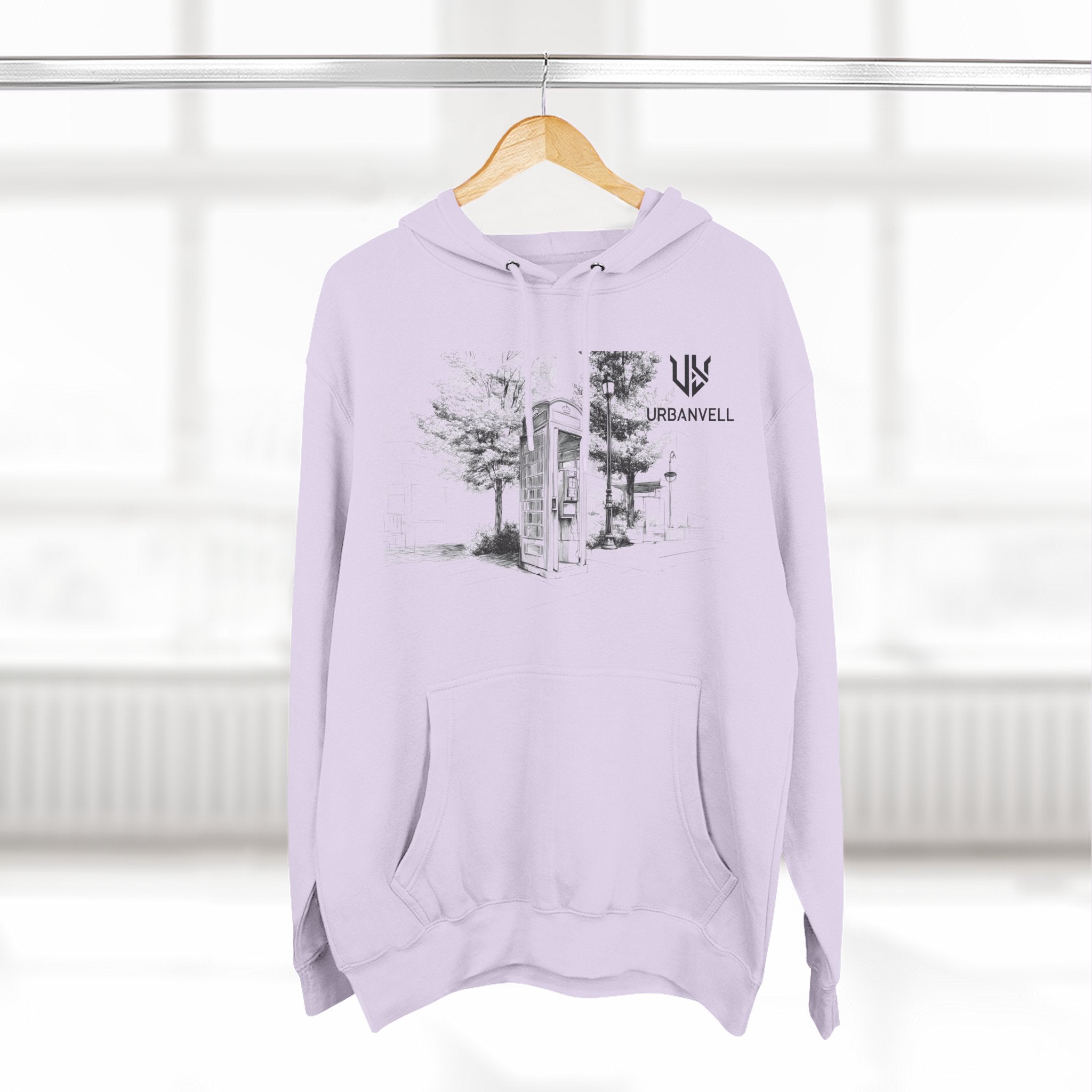 Phone Booth Three-Panel Fleece Hoodie — URBANVELL Minimal Urban Sketch Graphic Hoodie