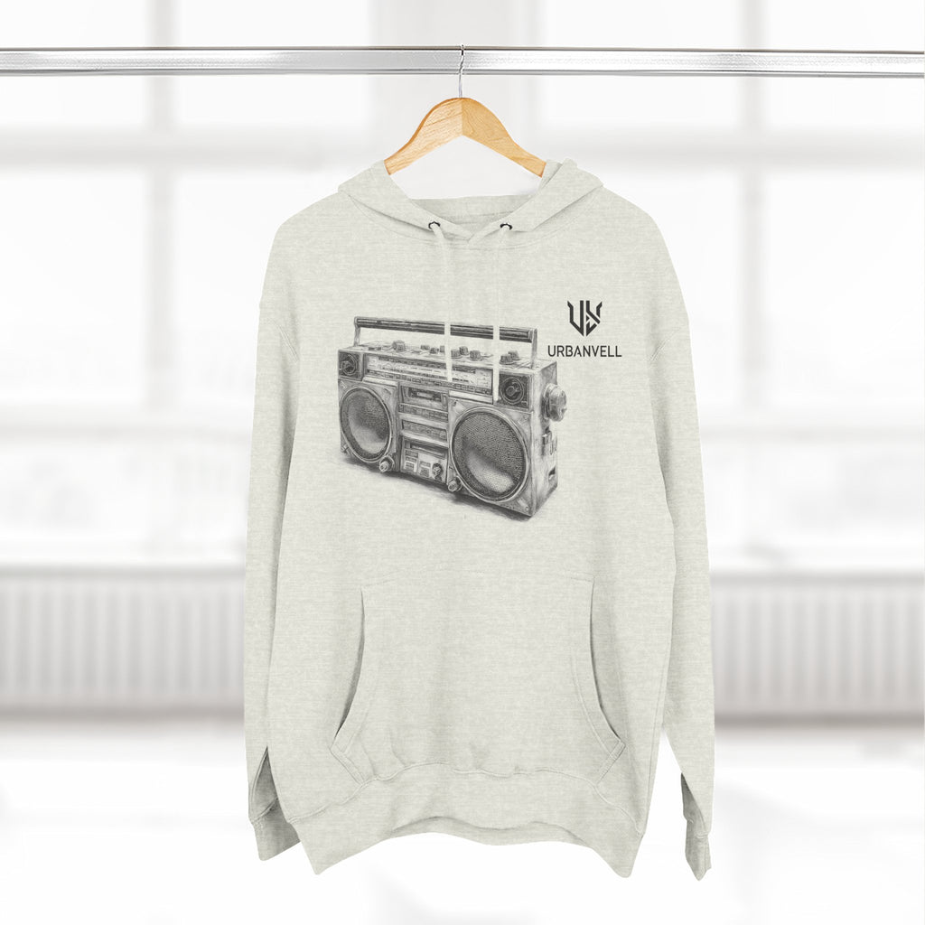 Boombox Sketch Hoodie — URBANVELL Retro Urban Music Fleece Pullover