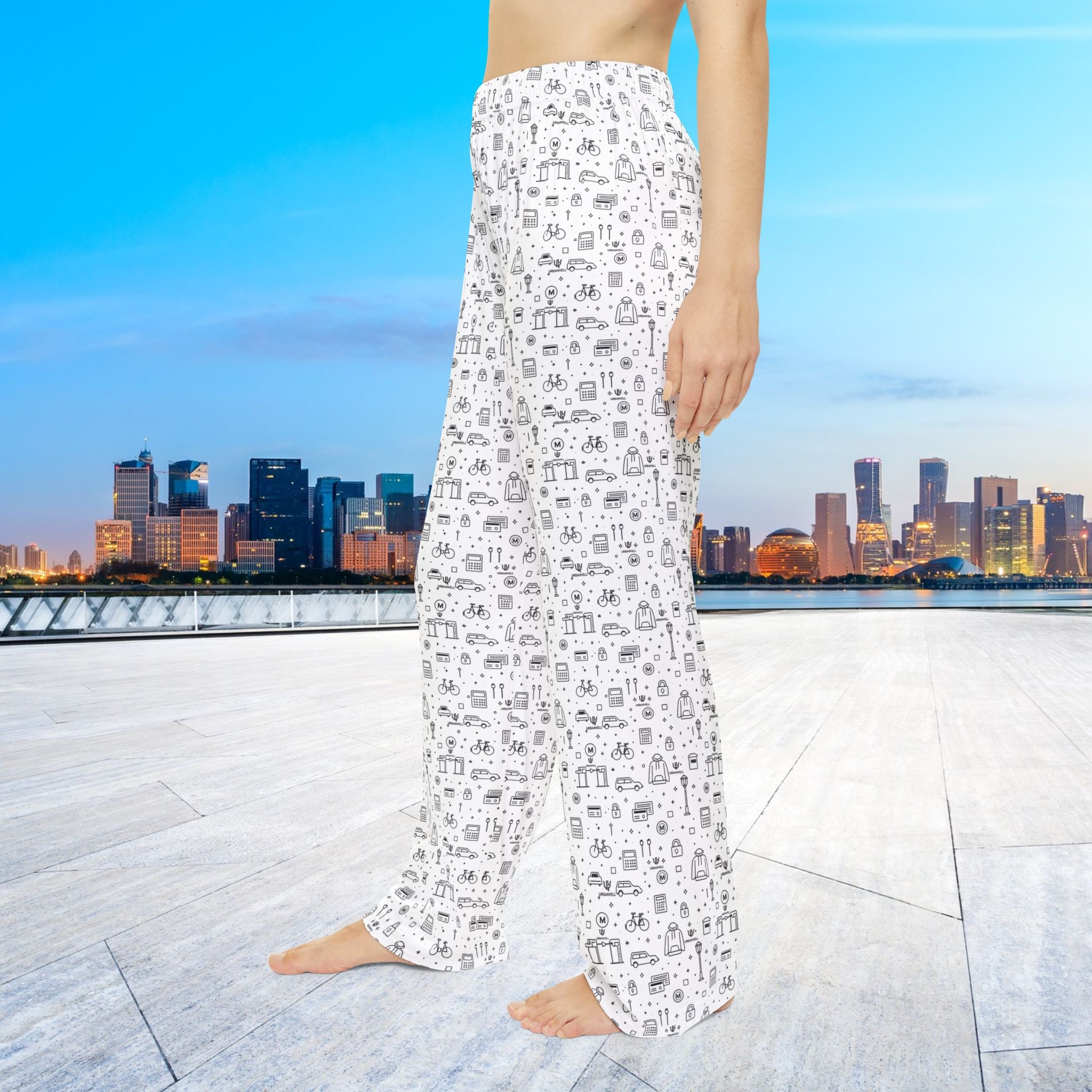 Women's Pajama Pants — URBANVELL Cozy Black & White Cat Doodle All-Over Print
