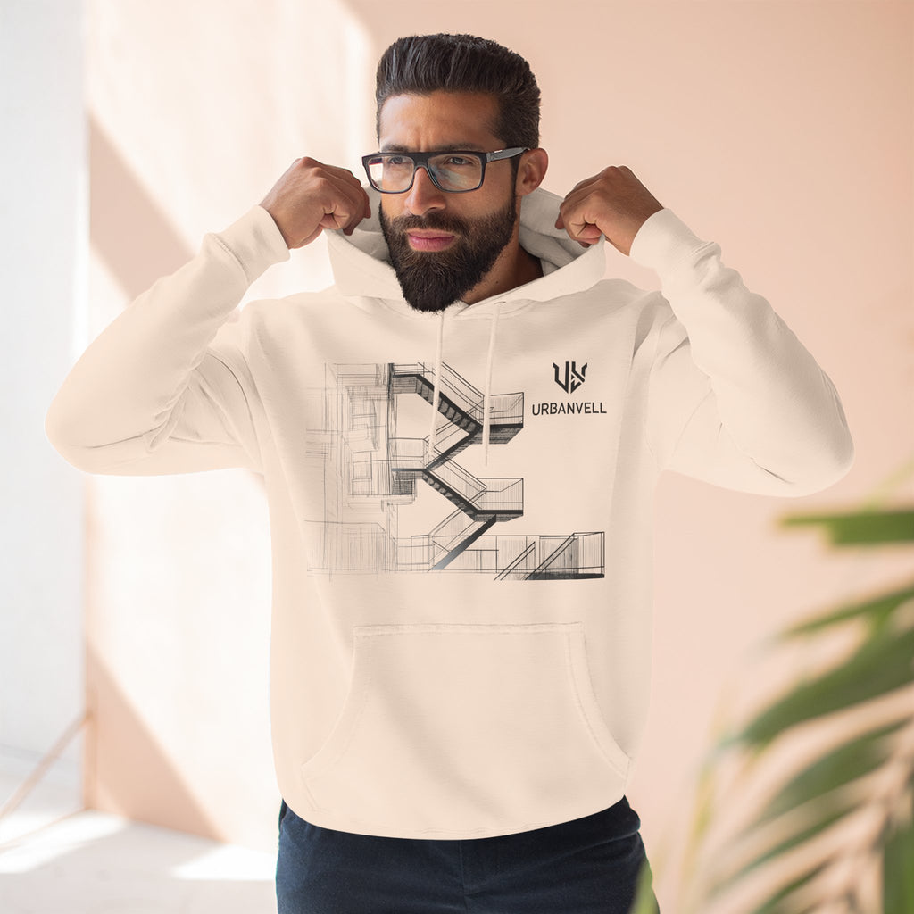 Architectural Fire Escape Stairs Sketch Hoodie — URBANVELL Three-Panel Fleece Pullover