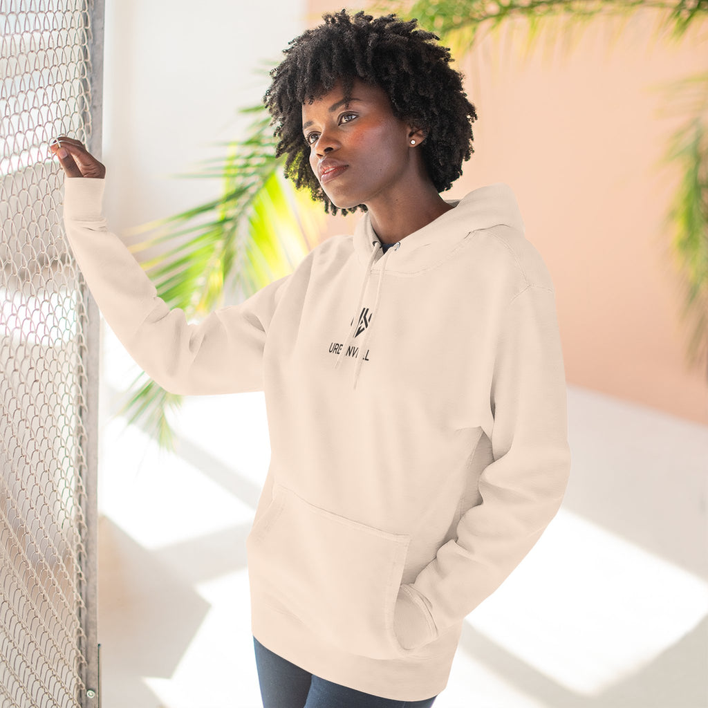 Minimal Small Cenetred Logo Hoodie — URBANVELL White Three-Panel Fleece Hooded Sweatshirt