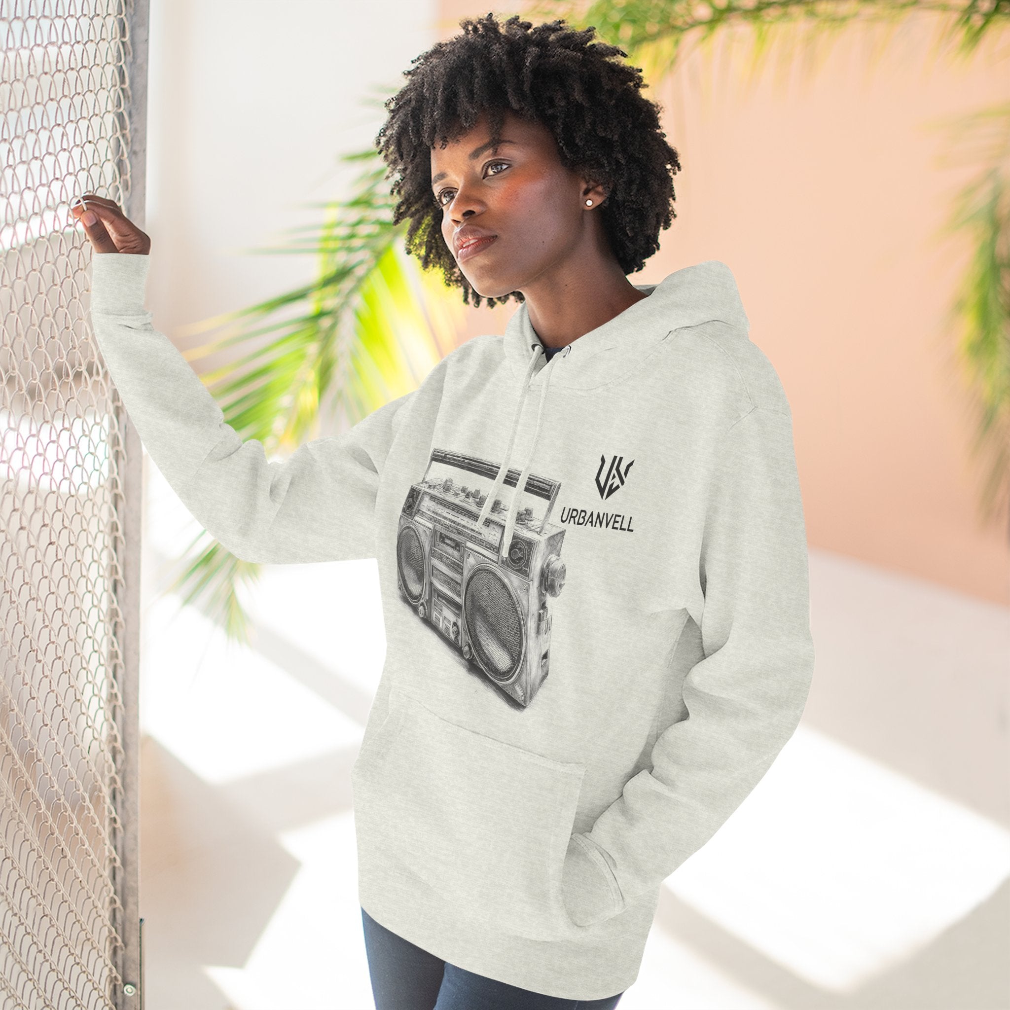 Boombox Sketch Hoodie — URBANVELL Retro Urban Music Fleece Pullover